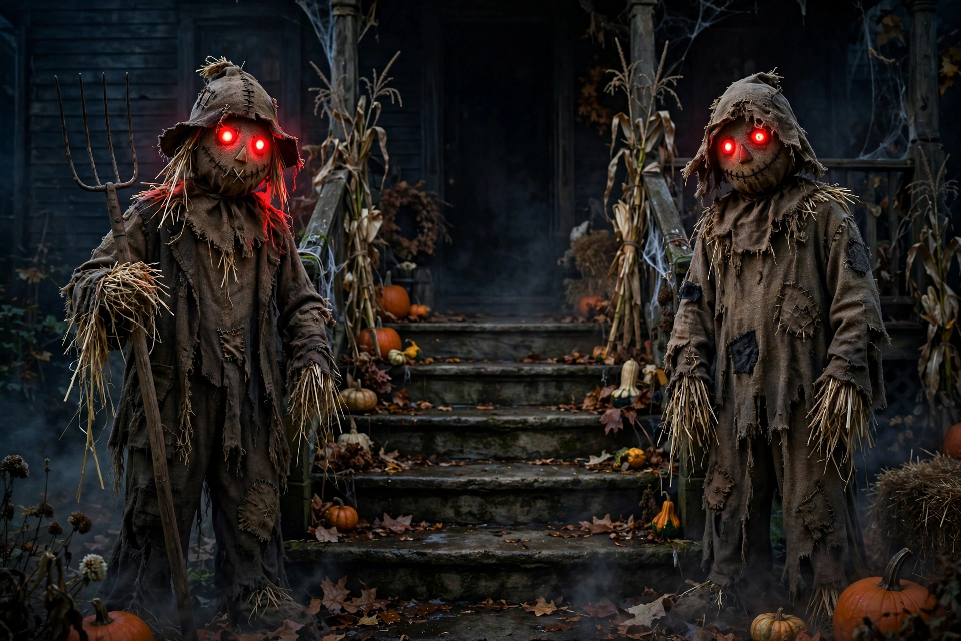 Two tattered scarecrows with glowing red eyes flanking front steps at night.