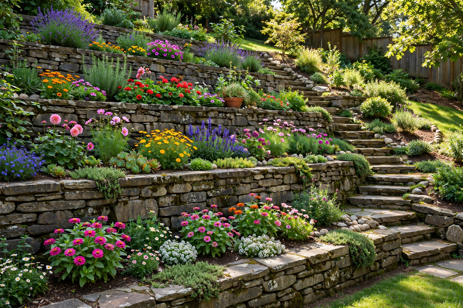 Terraced garden beds on a backyard slope with stone retaining walls, colorful flowers, and steps between levels
