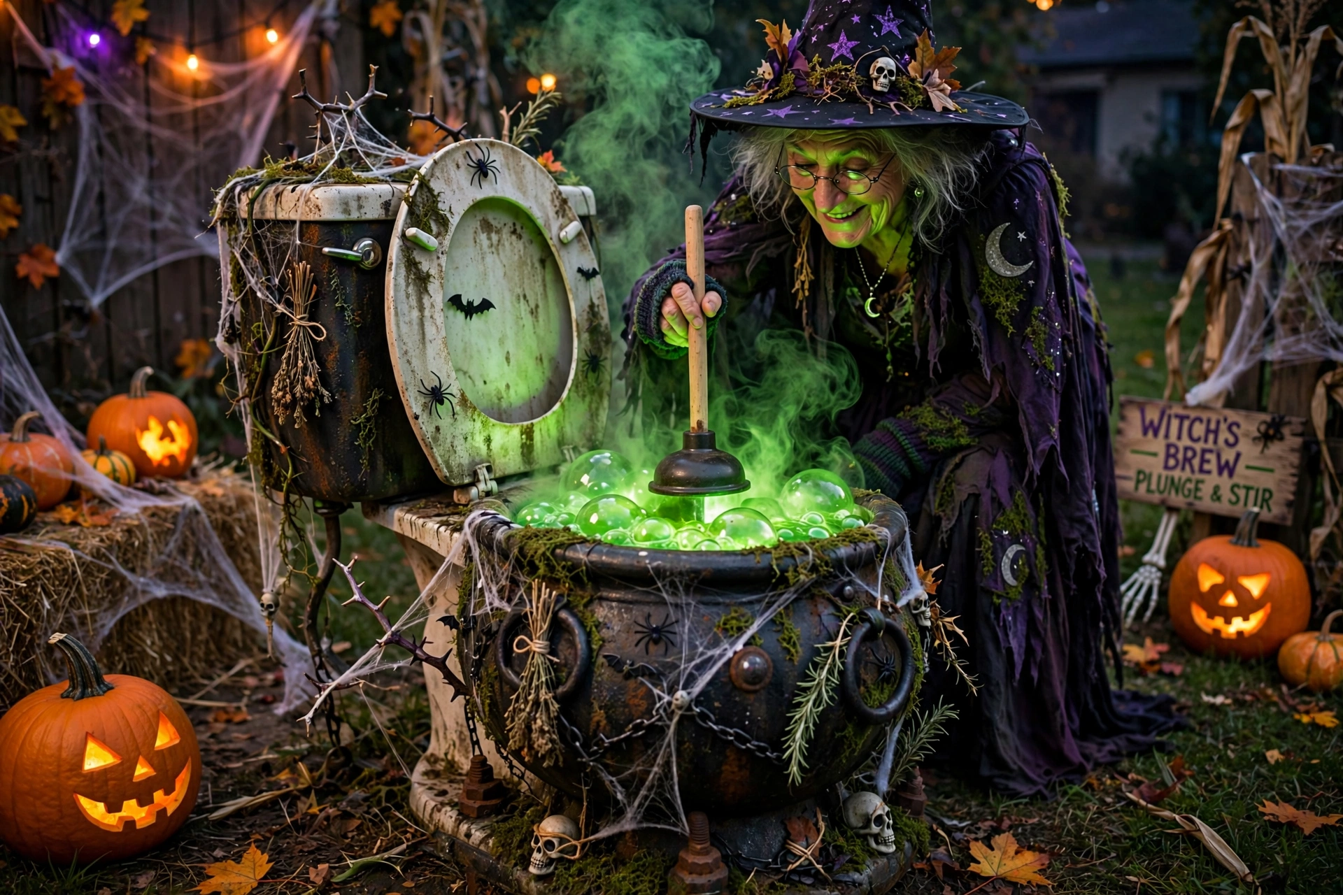 Old toilet decorated as a witch's cauldron with green glowing potion and a witch stirring with a plunger.