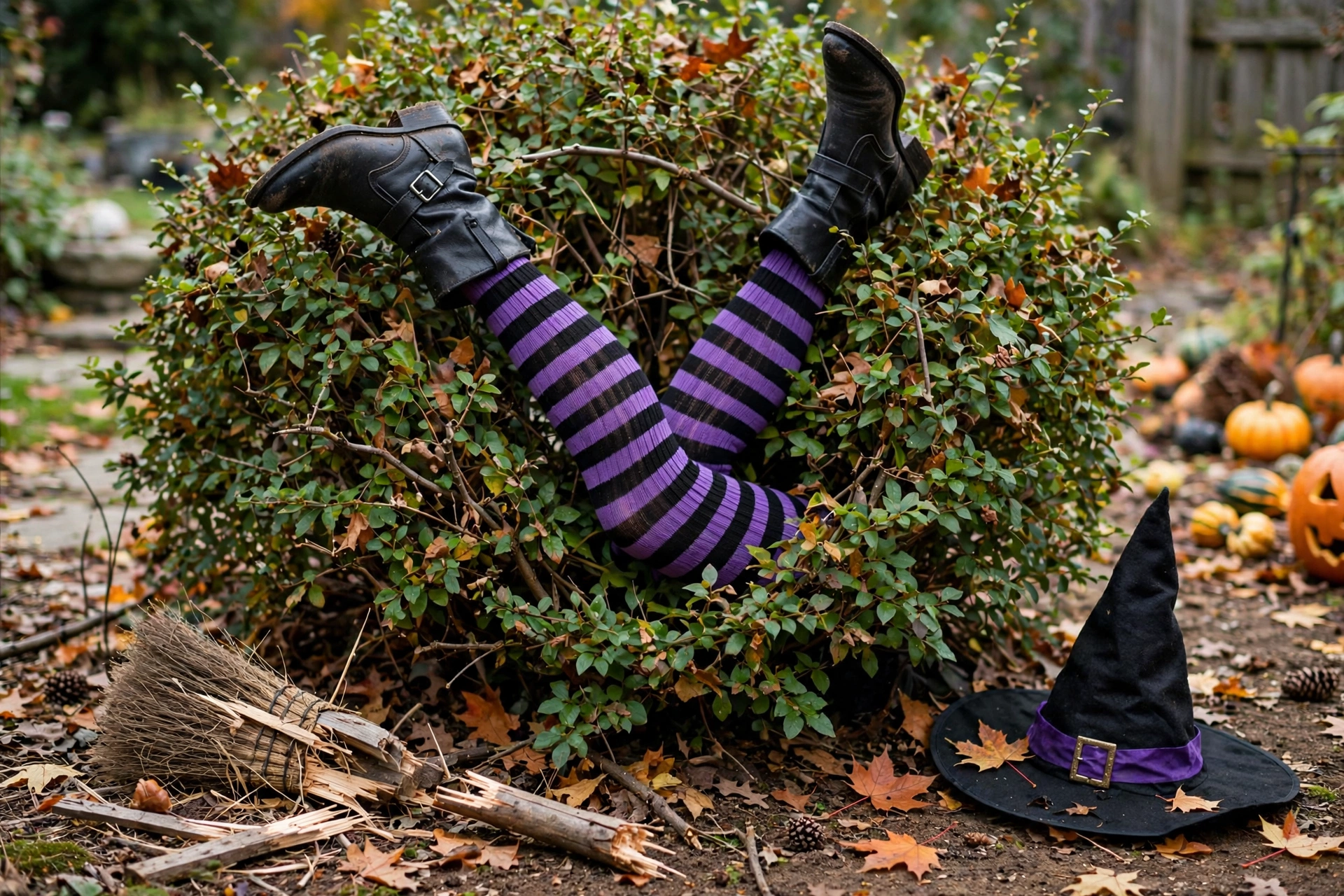 Striped witch stocking legs sticking out of a bush with a broken broom and witch hat nearby.