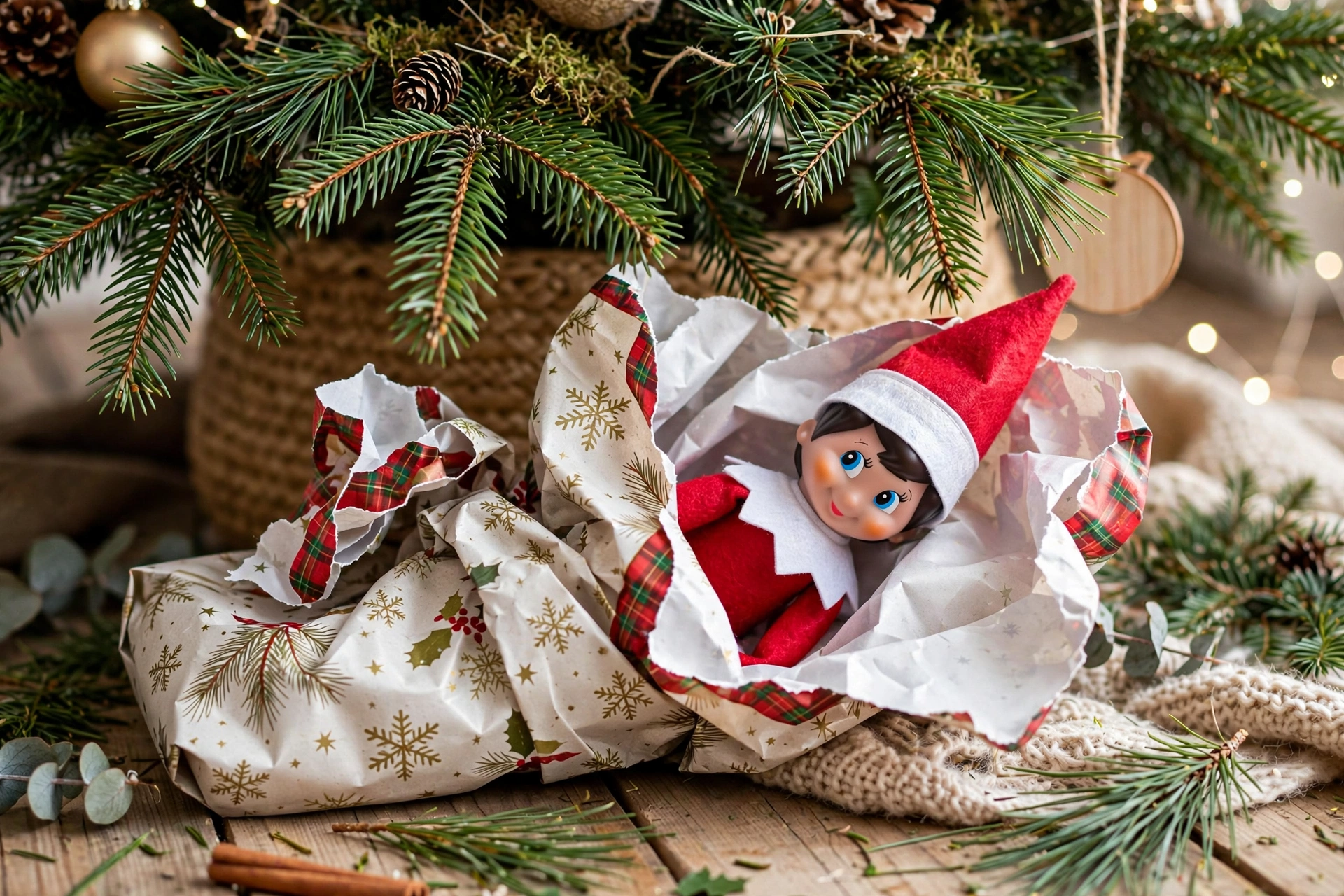 Elf wrapped like a present under the tree — elf on the shelf arrival idea