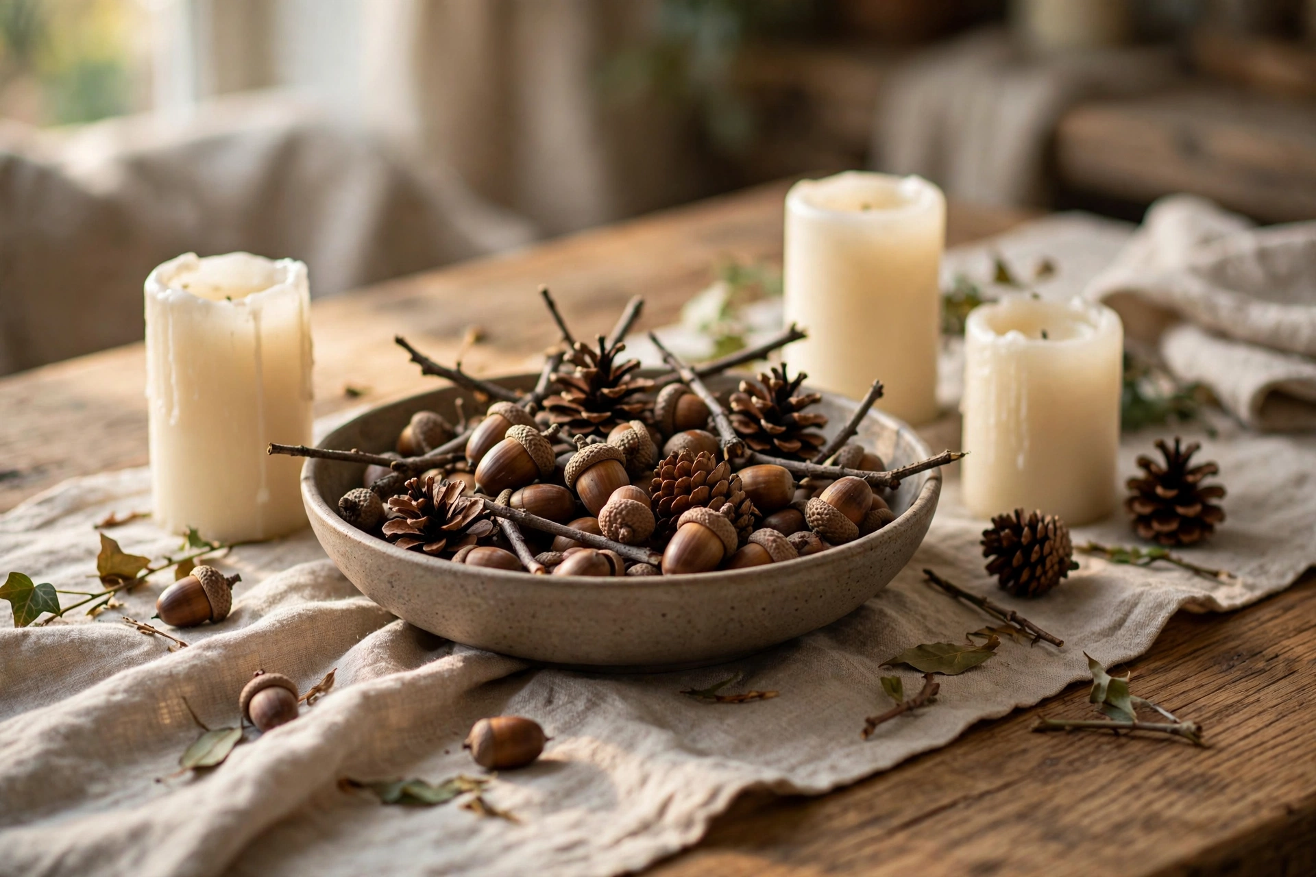 Acorn and pinecone natural centerpiece — Thanksgiving centerpiece idea