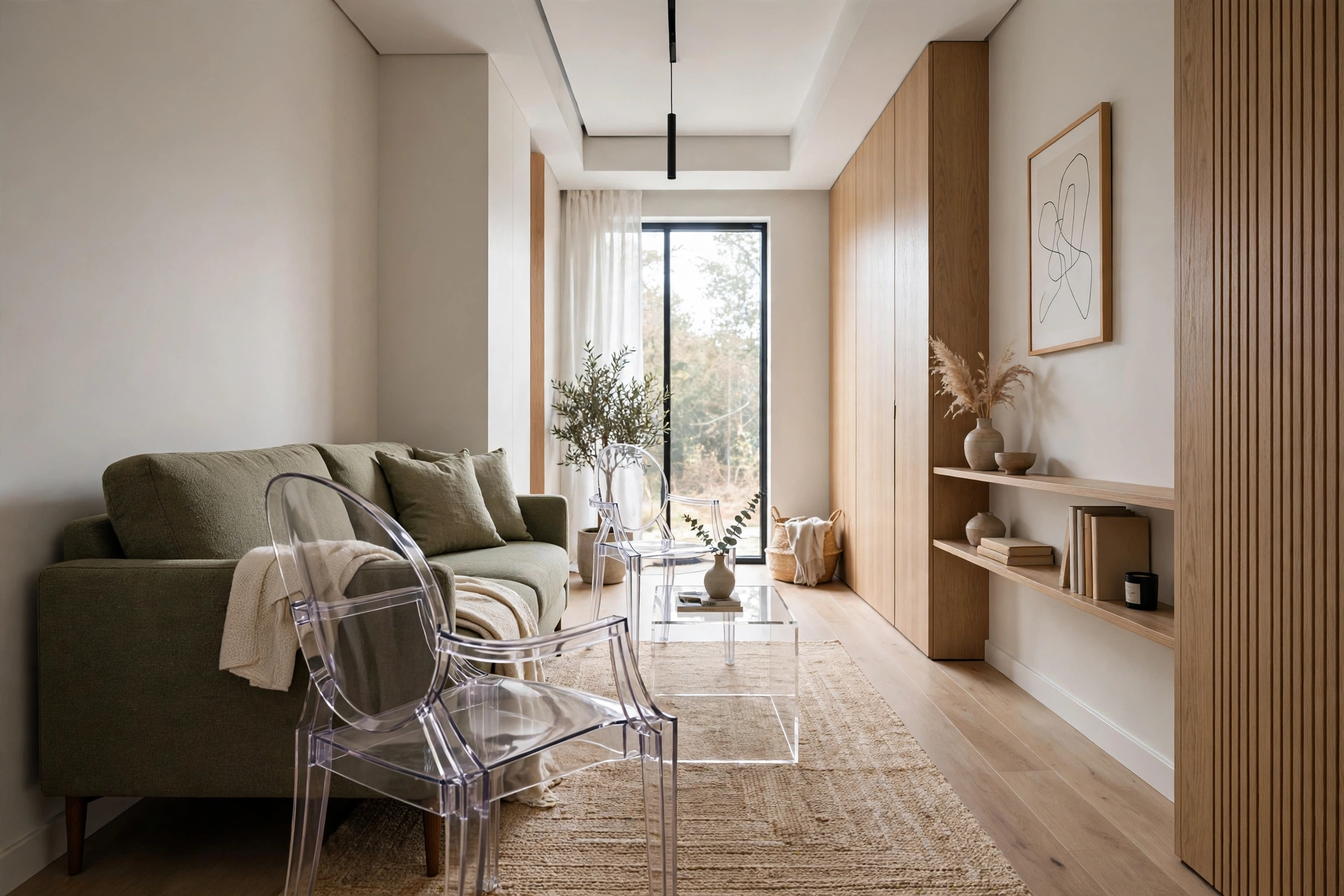 Acrylic ghost furniture — narrow living room idea