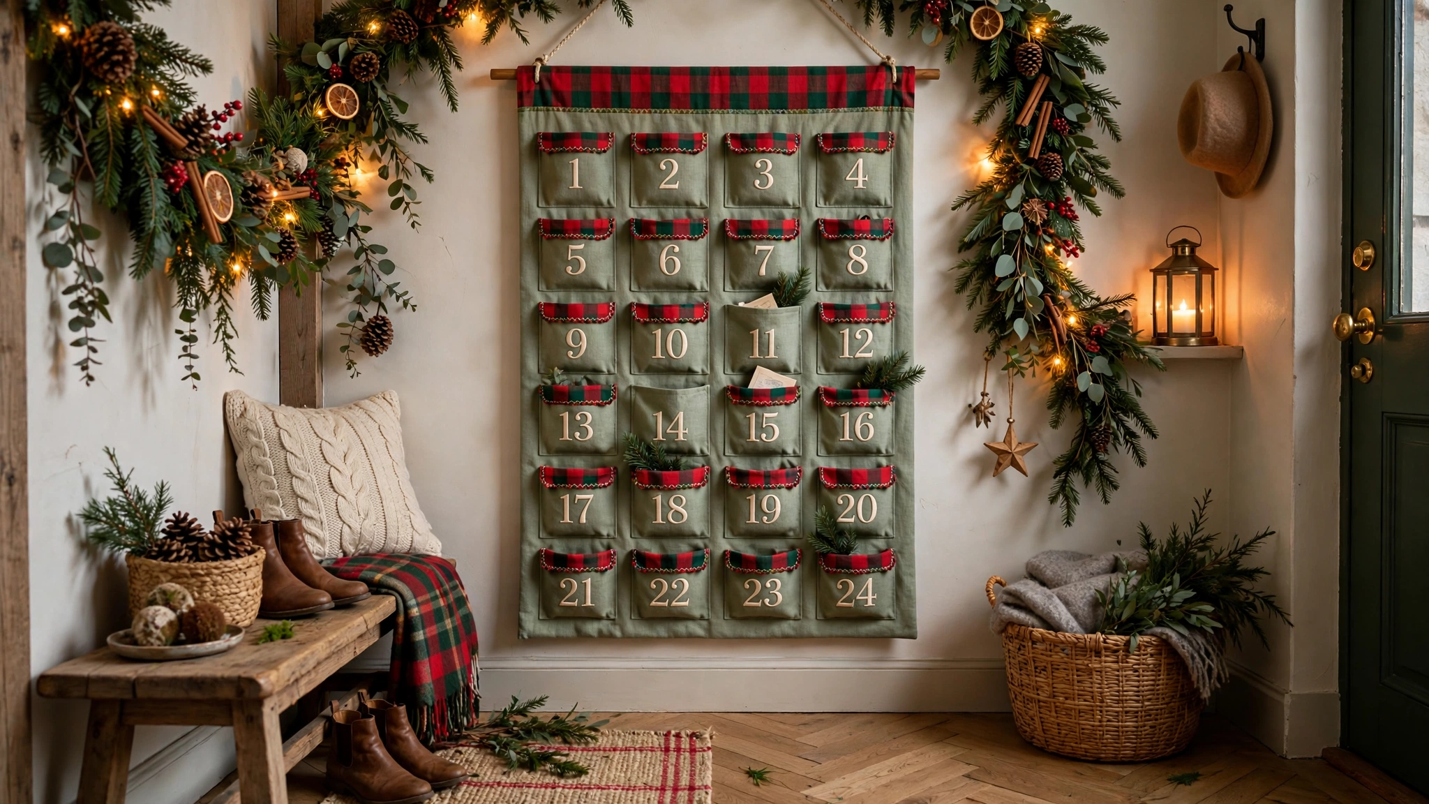 Advent calendar wall hanging in a decorated Christmas entryway