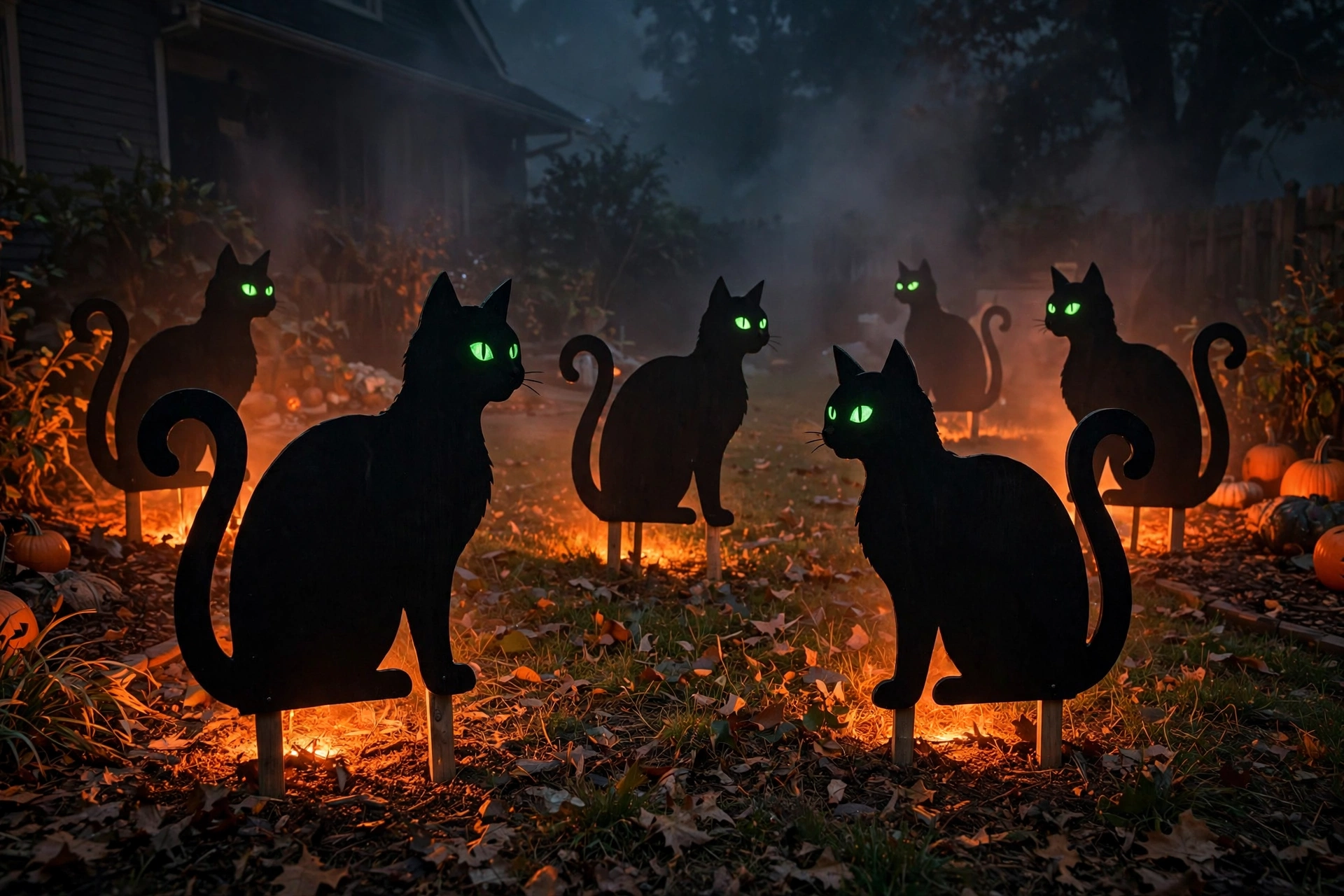 Black cat silhouette cutouts with glowing eyes staked around a Halloween yard.