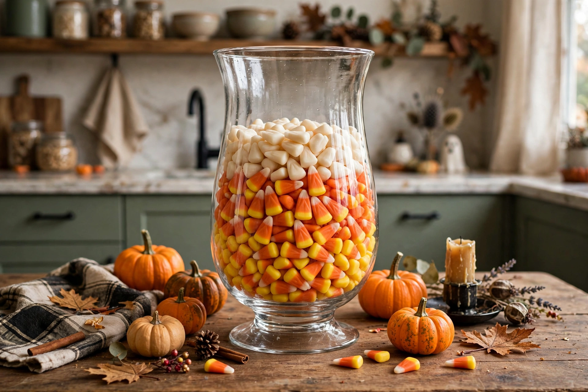 Hurricane vase filled with layered candy corn surrounded by mini pumpkins on a table.