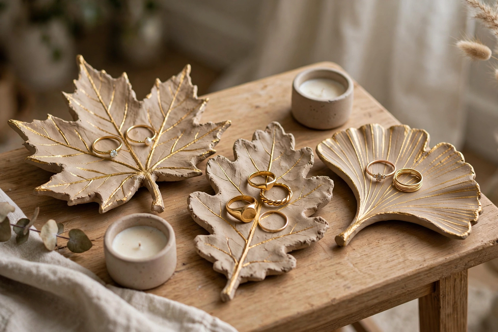Air-dry clay leaf-shaped dishes with gold painted veins holding rings on a side table.