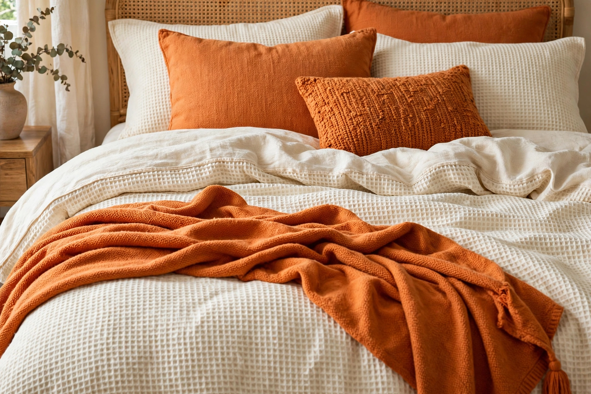 Cream waffle weave bedding with a pumpkin orange throw and cushions.