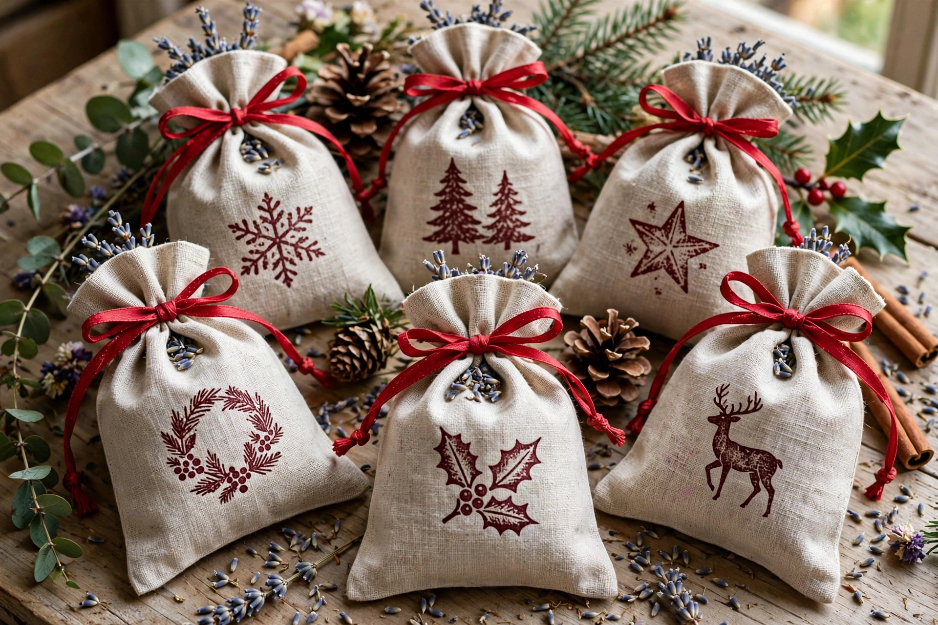 Linen sachets filled with dried lavender tied with red ribbon, Christmas stamped designs.