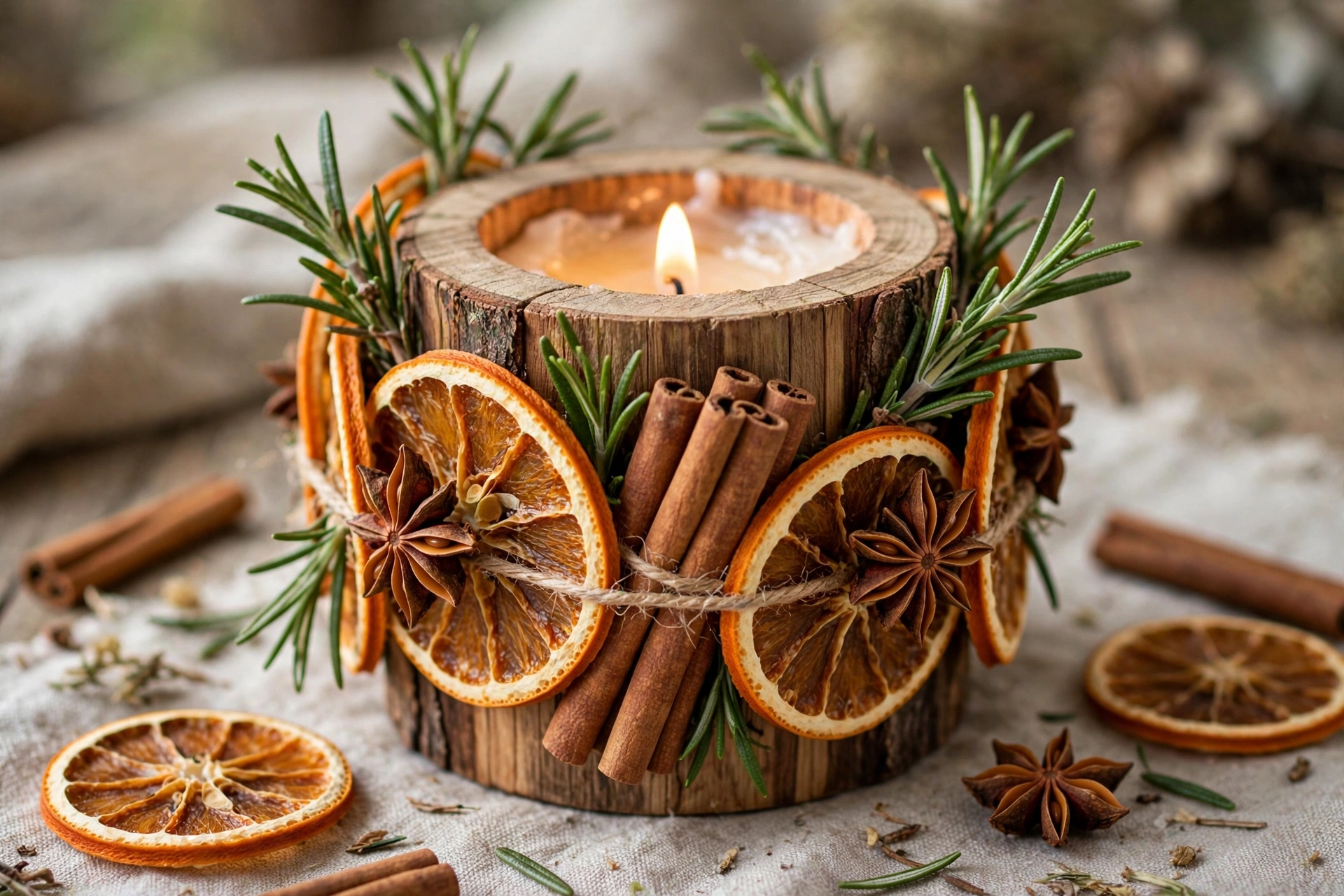 Wooden candle holder wrapped with dried orange slices, cinnamon sticks, and rosemary.