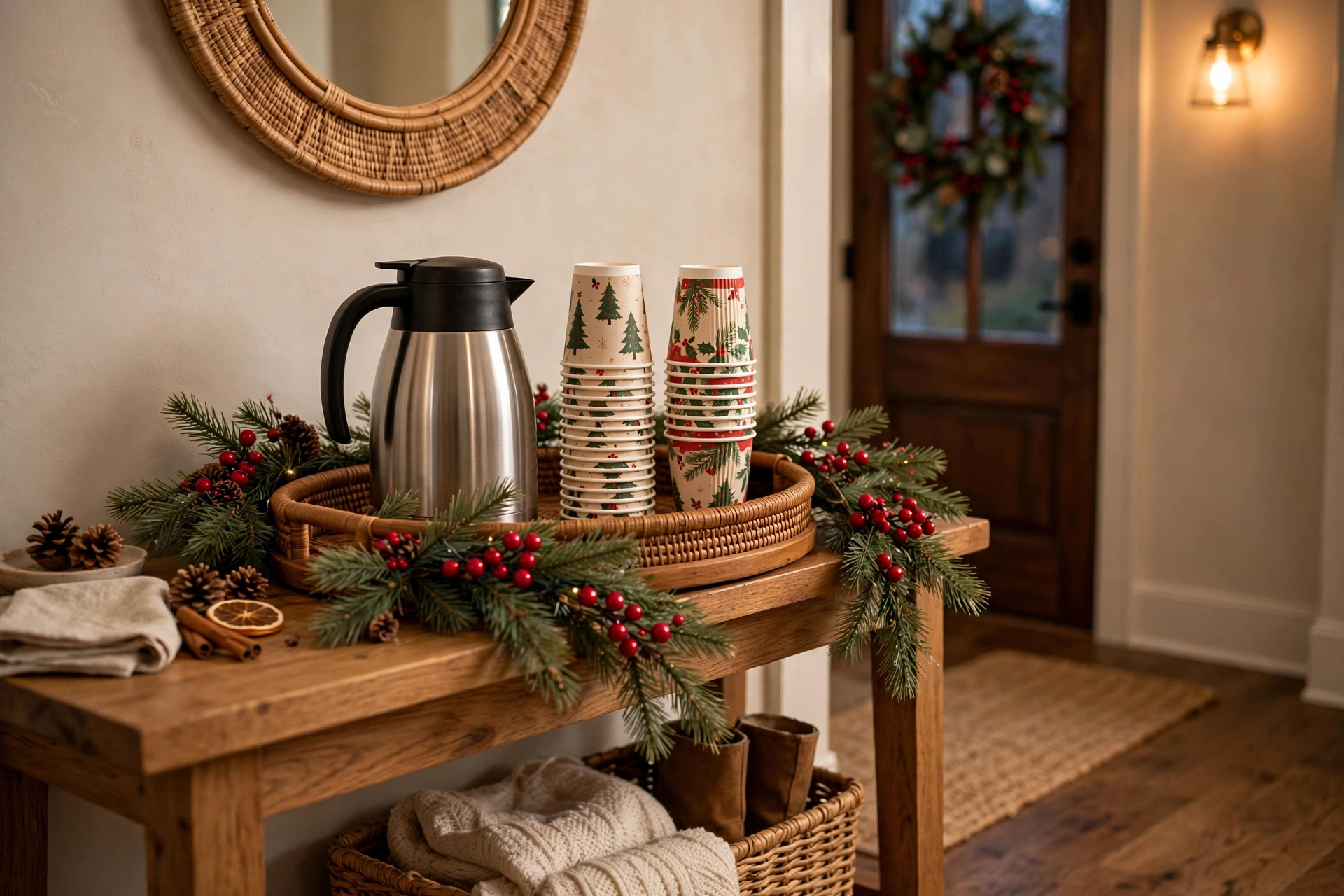 Entryway console table with thermal carafe and holiday coffee setup
