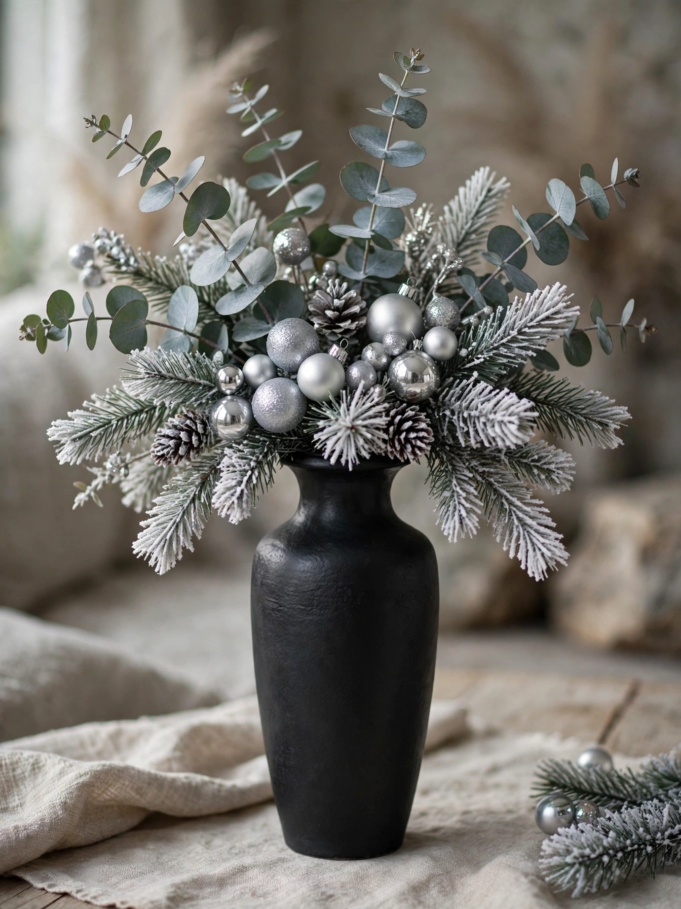 Slim black urn with silver dollar eucalyptus, frosted pine and silver ornaments.