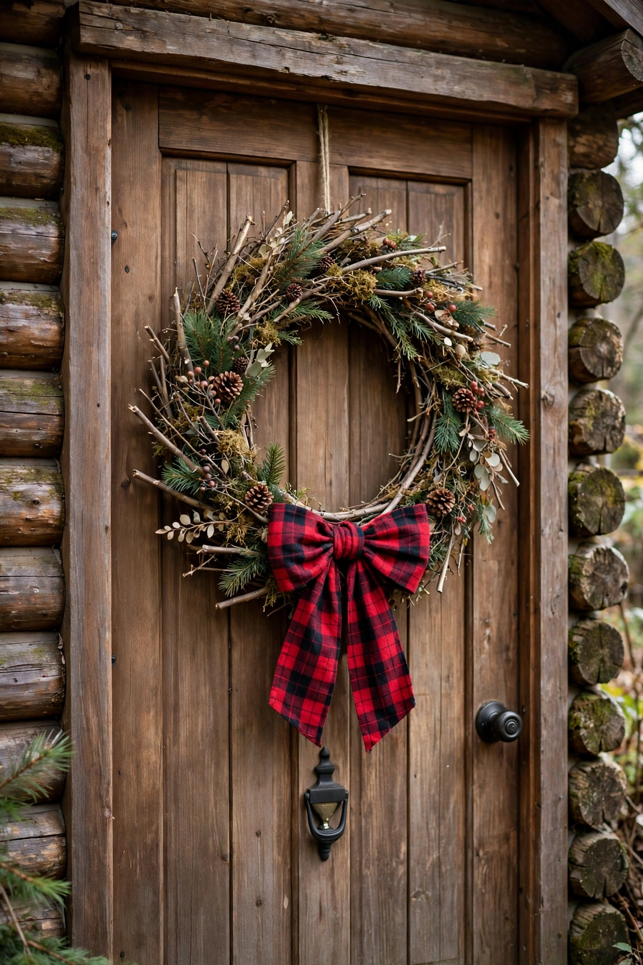 Twig wreath with bow made from red flannel shirt fabric on a cabin-style front door.