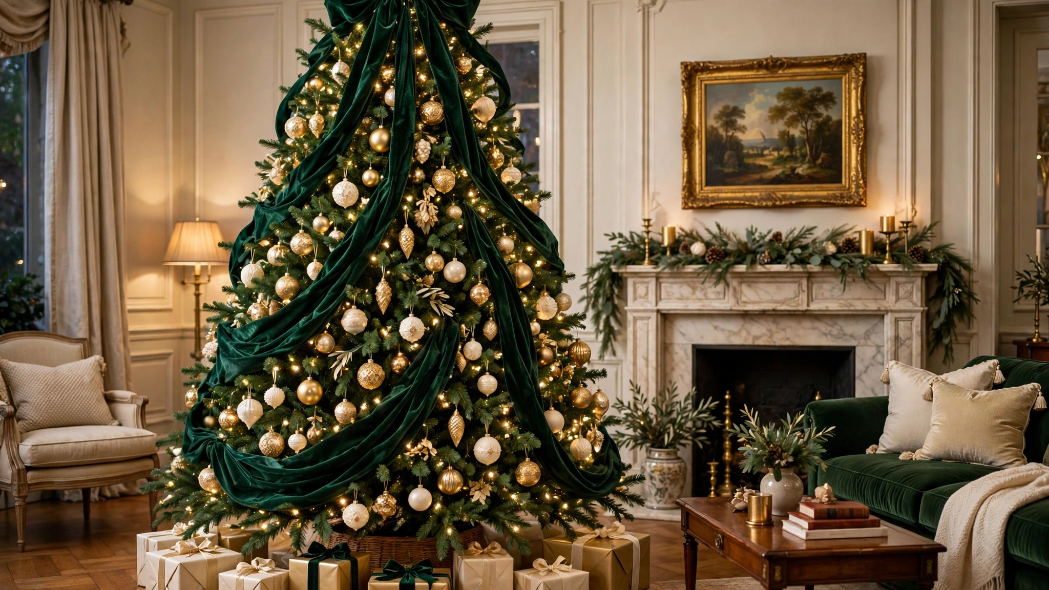 Christmas tree with deep green velvet ribbon cascading down and gold ornaments