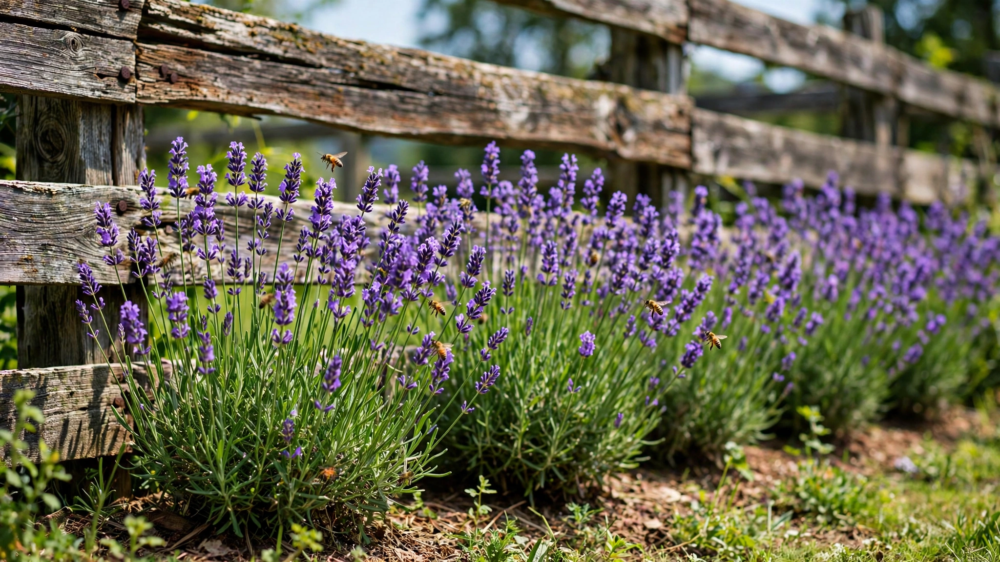 A neat row of blooming purple lavender planted along a rustic wooden fence.
