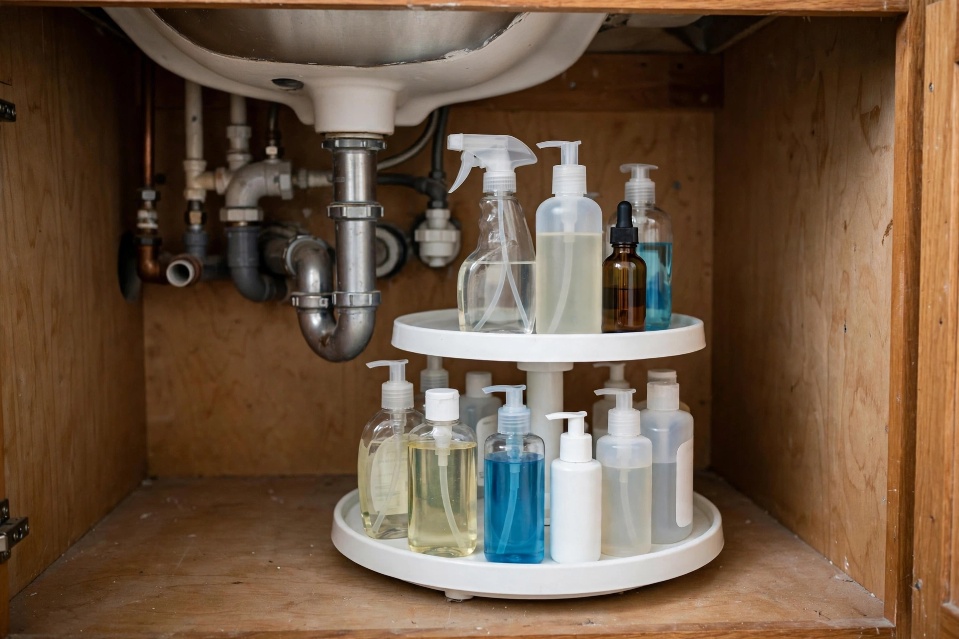 A white two-tier lazy susan turntable under a bathroom sink with bottles spinning on it, realistic photo, no text