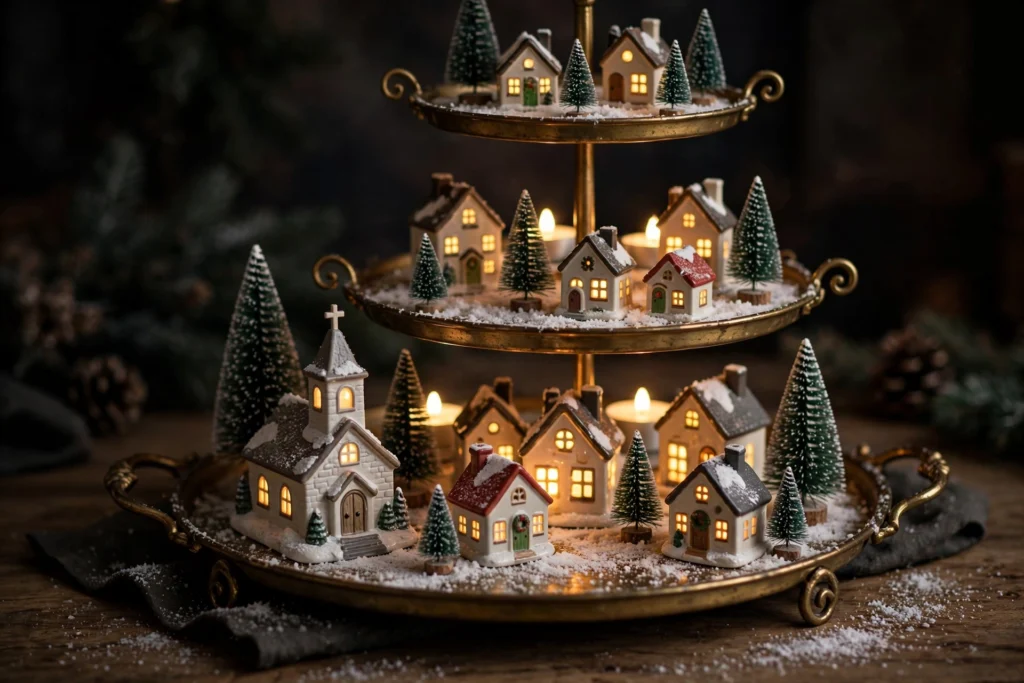 Mini village with lights — Christmas tiered tray idea