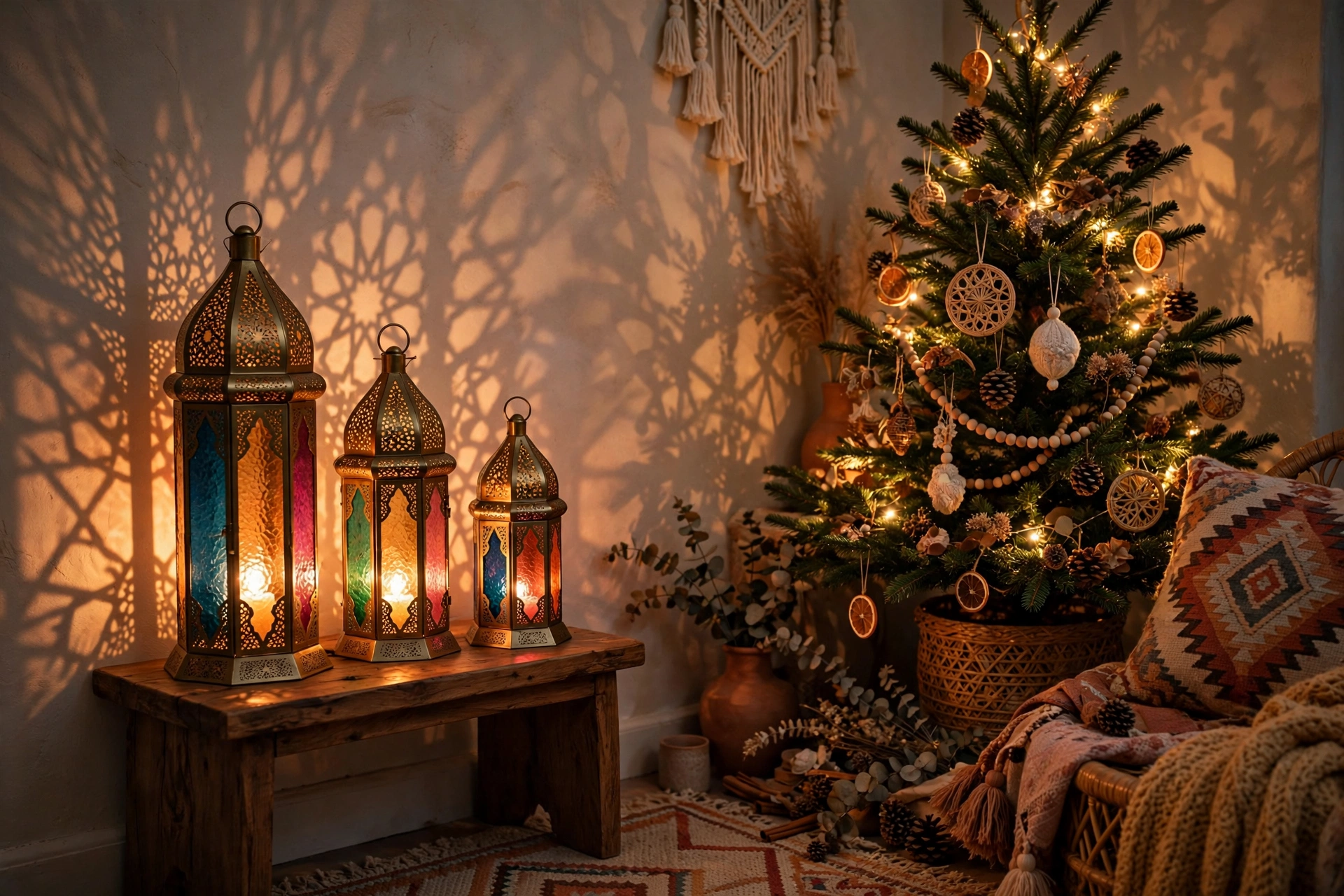 A cozy corner with glowing Moroccan brass lanterns beside a Christmas tree