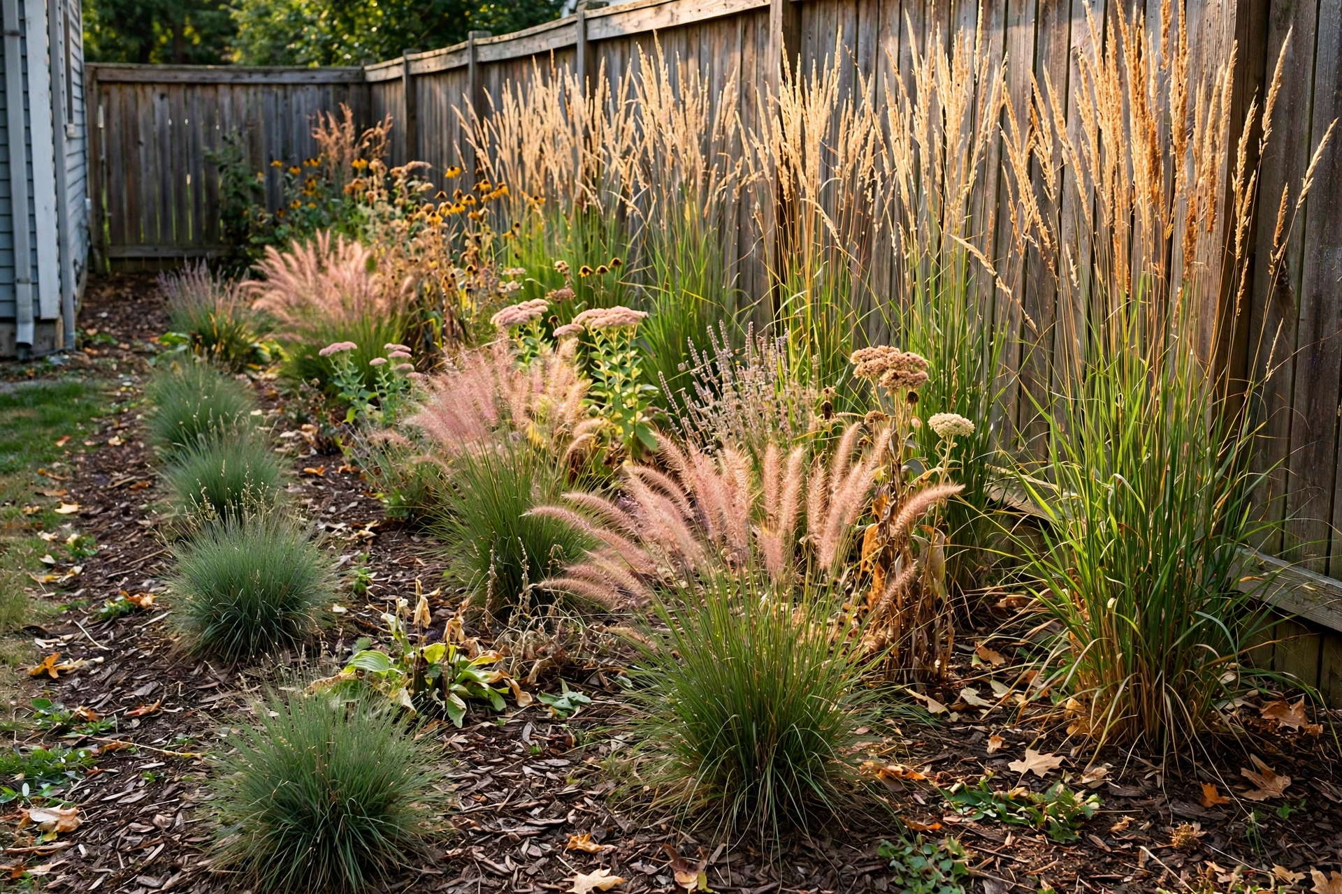 Mulched garden bed with ornamental grasses of varying heights along a fence in a side yard, late summer light.
