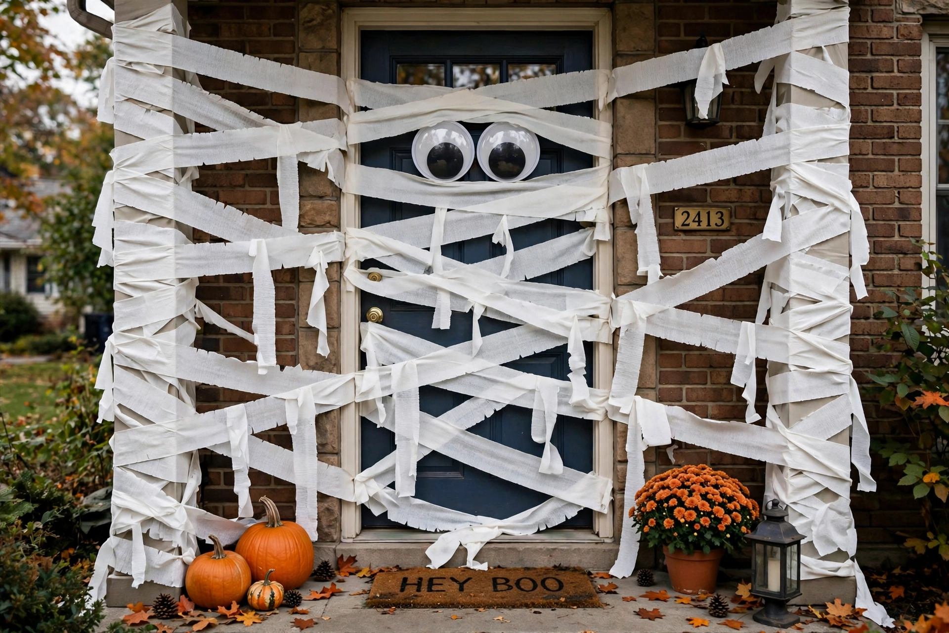 Front door wrapped in white streamer strips like a mummy with big googly eyes.
