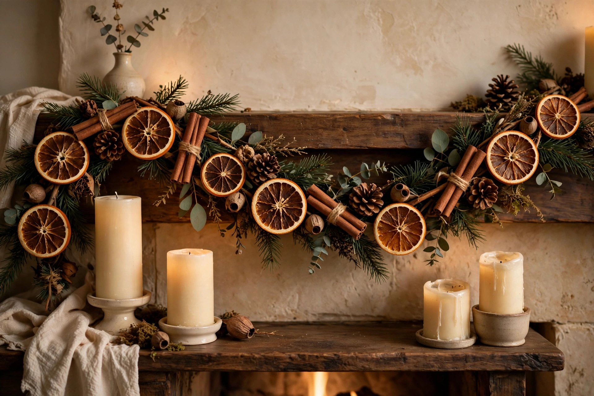 Dried orange slice garland with cinnamon sticks draped on a mantel with cream candles.