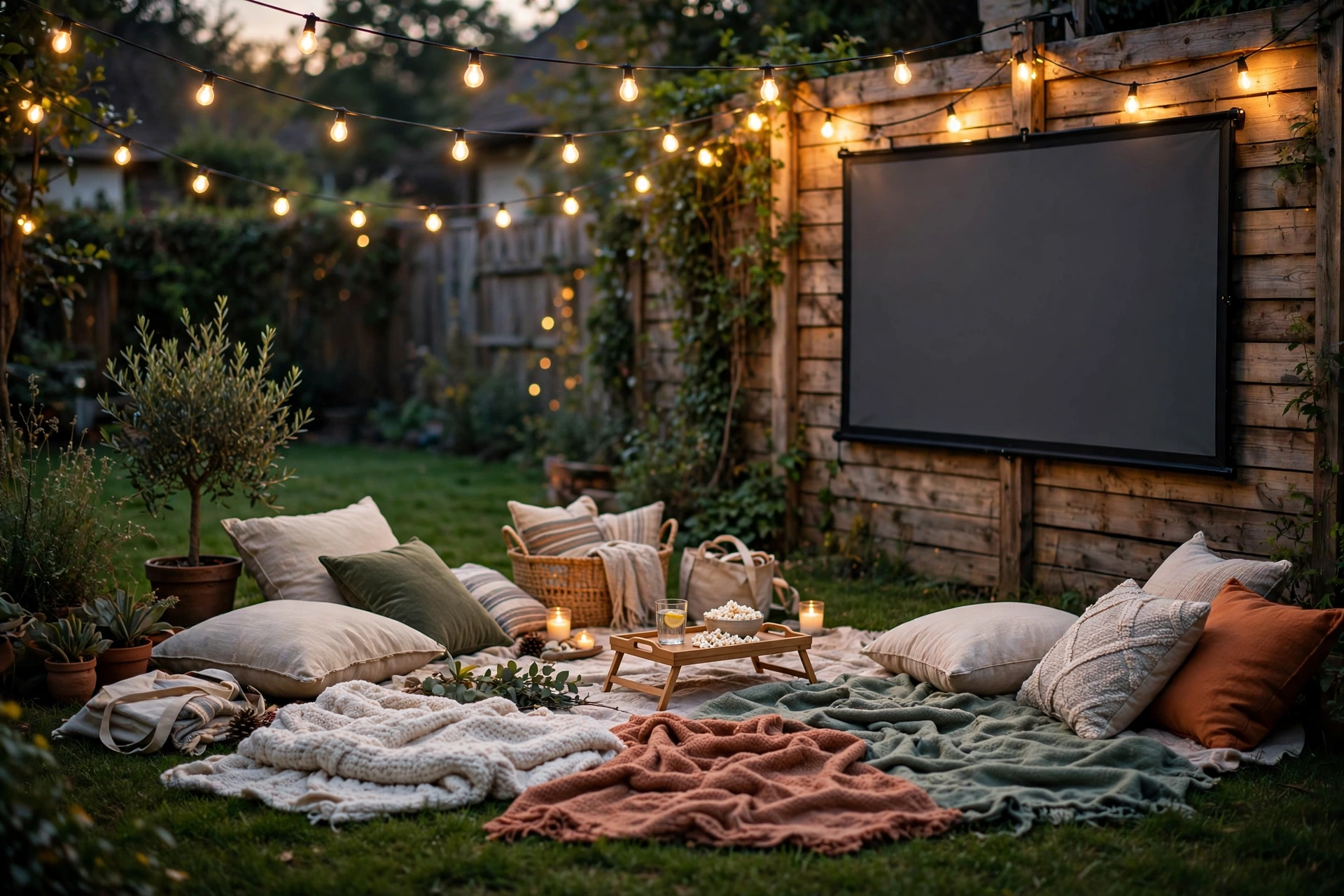 An outdoor movie night setup with a large projector screen on a fence wall, blankets, floor cushions, and string lights