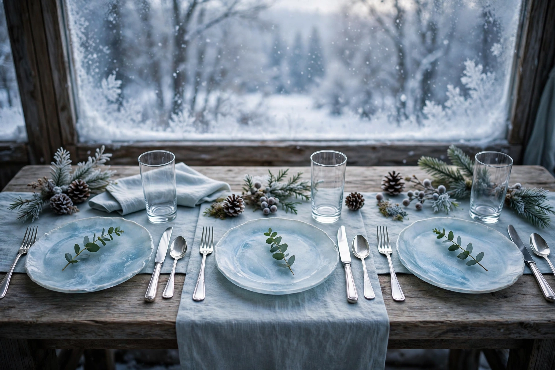 Pale blue stoneware place settings on a winter dining table