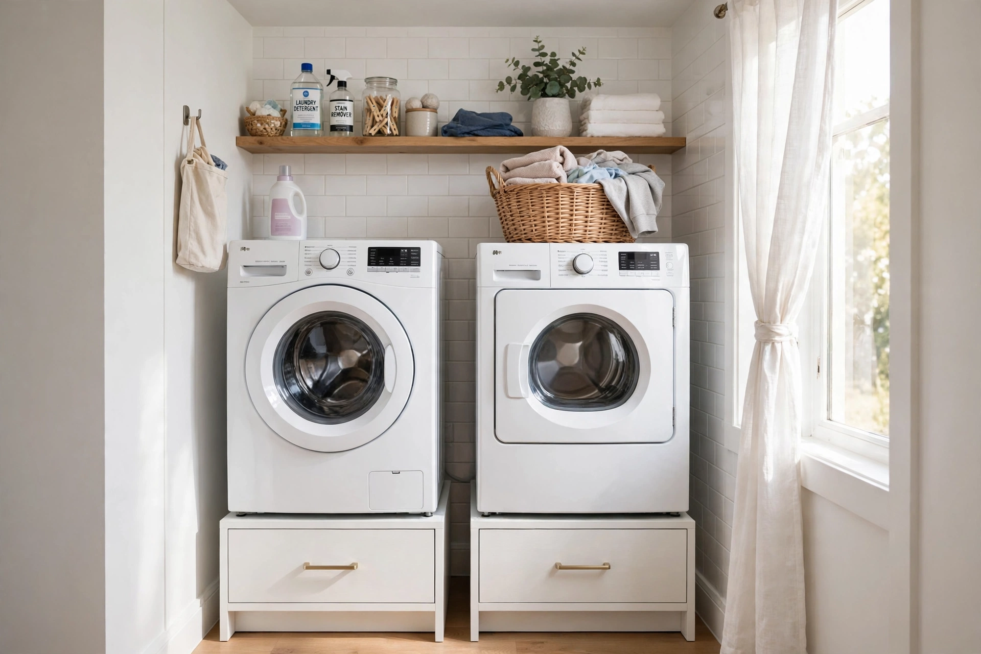Washer pedestal drawers — small narrow laundry room idea