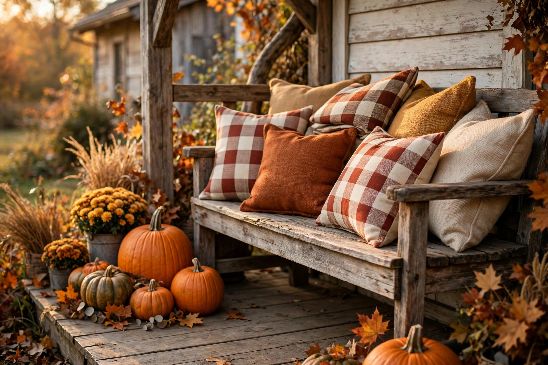 Wooden porch bench covered with plaid and burlap pillows in fall colors.