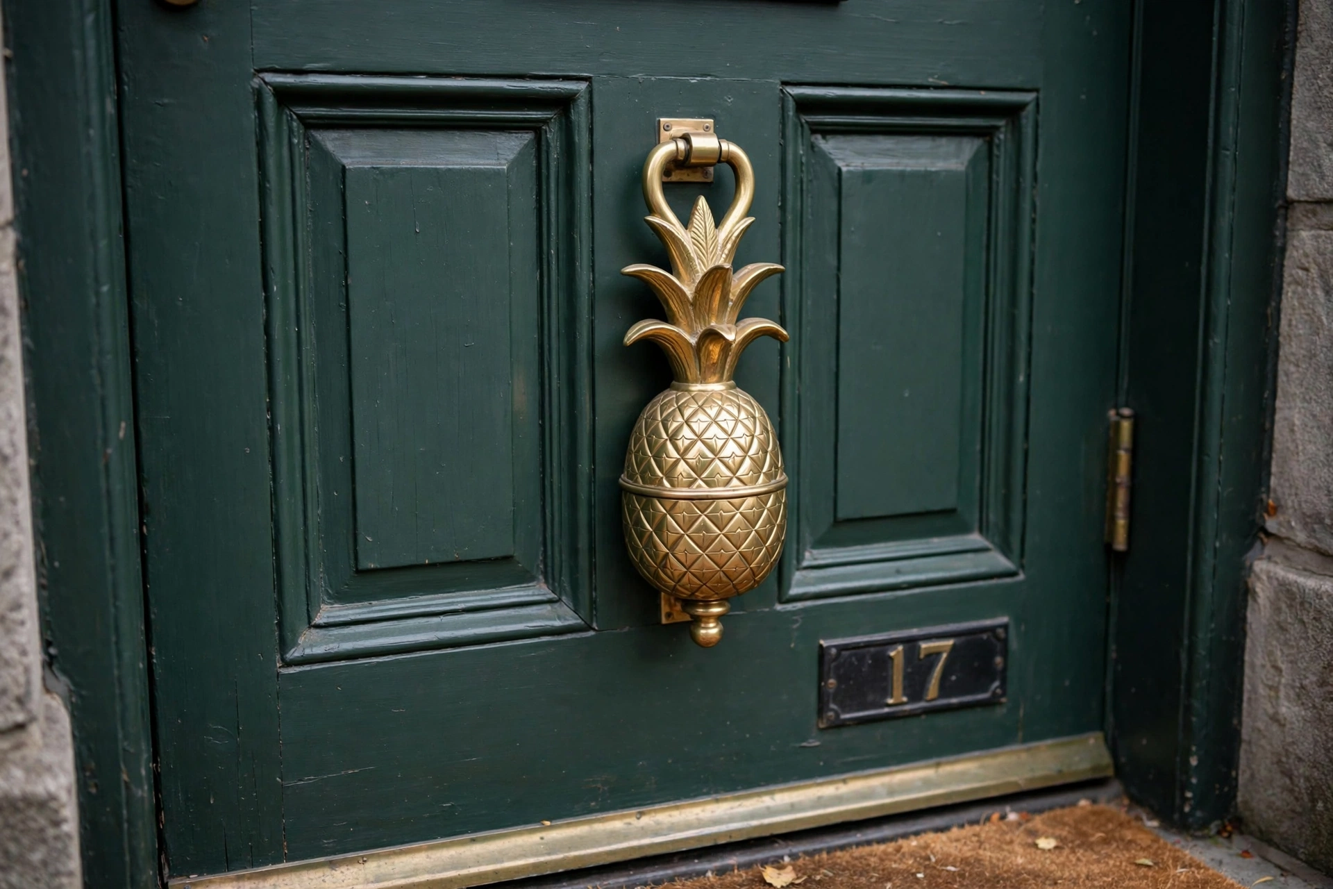 Brass pineapple door knocker on a dark green front door.