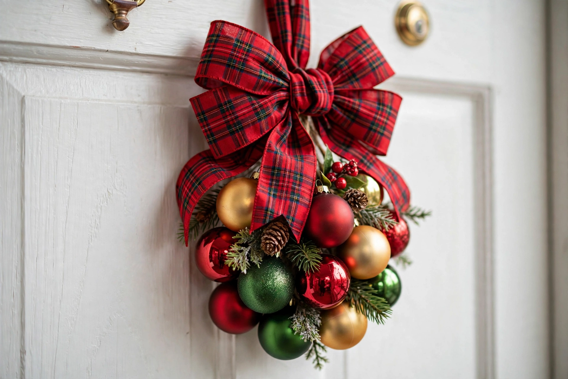 Cluster of red, gold, and green Christmas ornaments tied with a large red plaid bow on a white apartment door.
