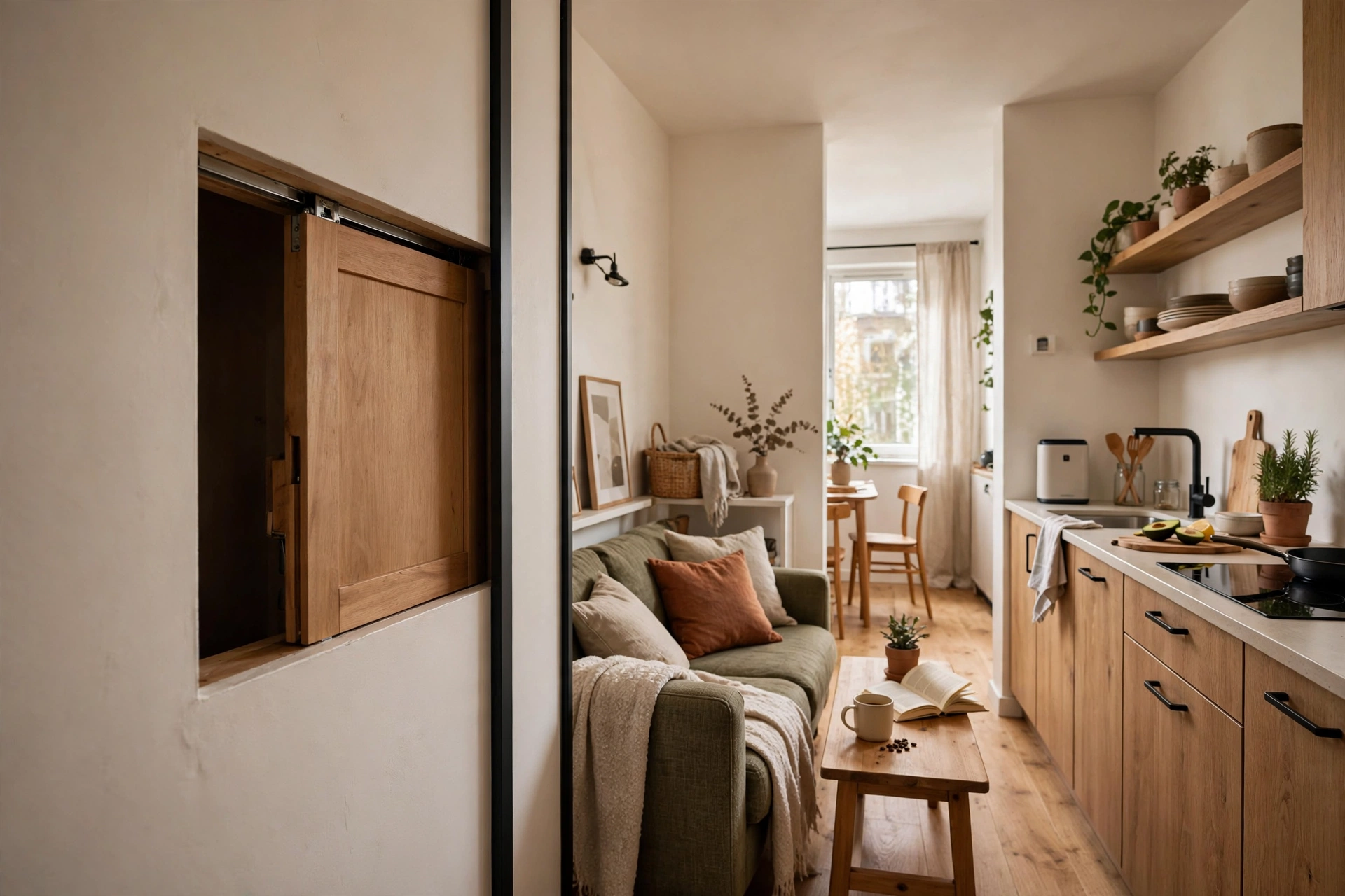 Open pocket door disappearing into the wall of a small open plan apartment.