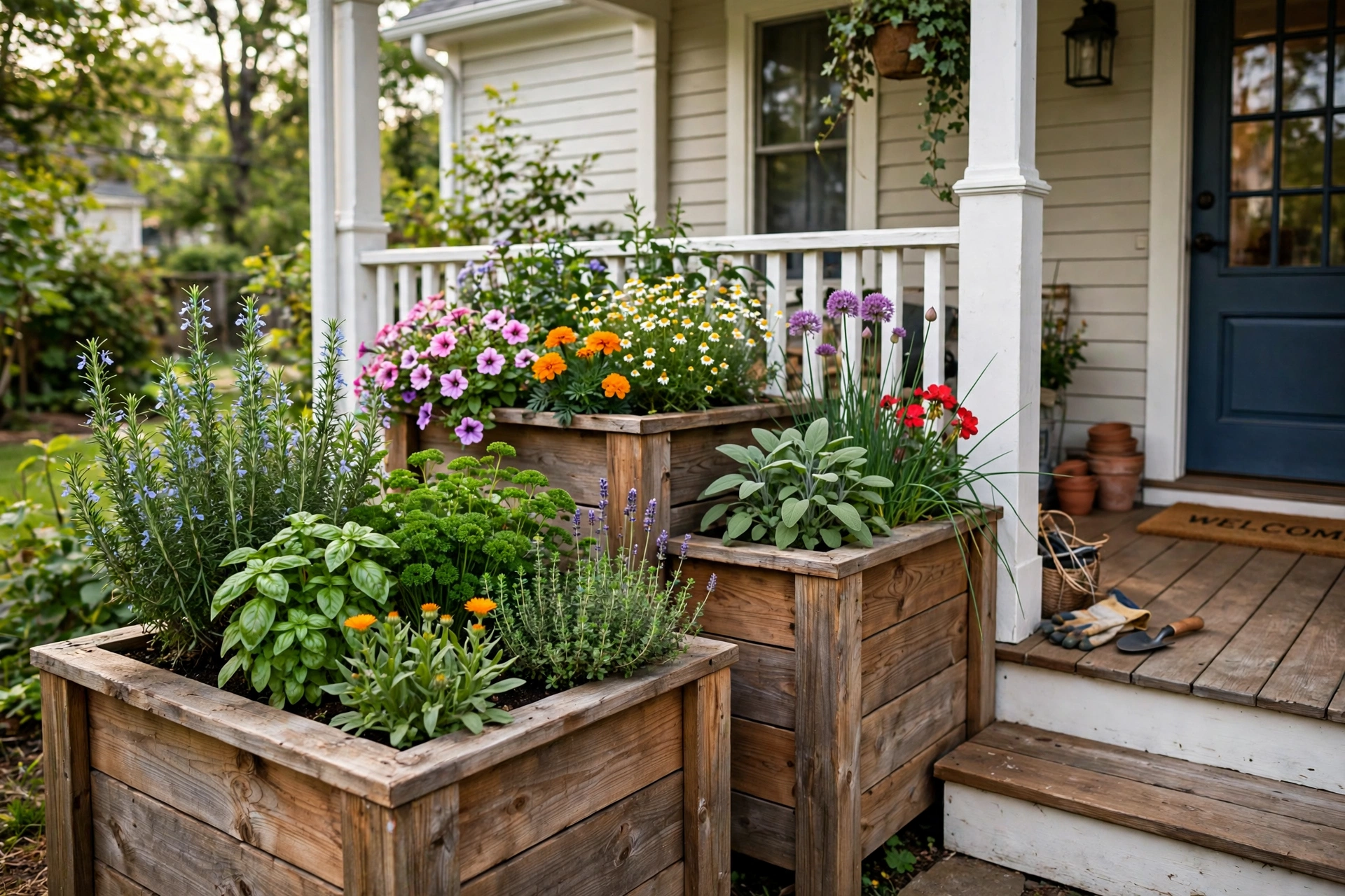 Wooden raised planter boxes with flowers and herbs beside a front porch.