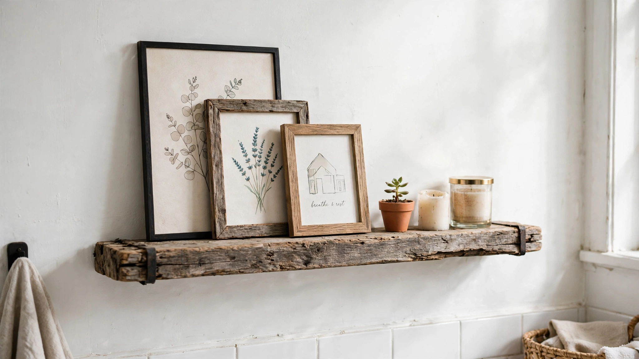 Reclaimed wood picture ledge on a bathroom wall holding layered framed art, a small plant, and candles