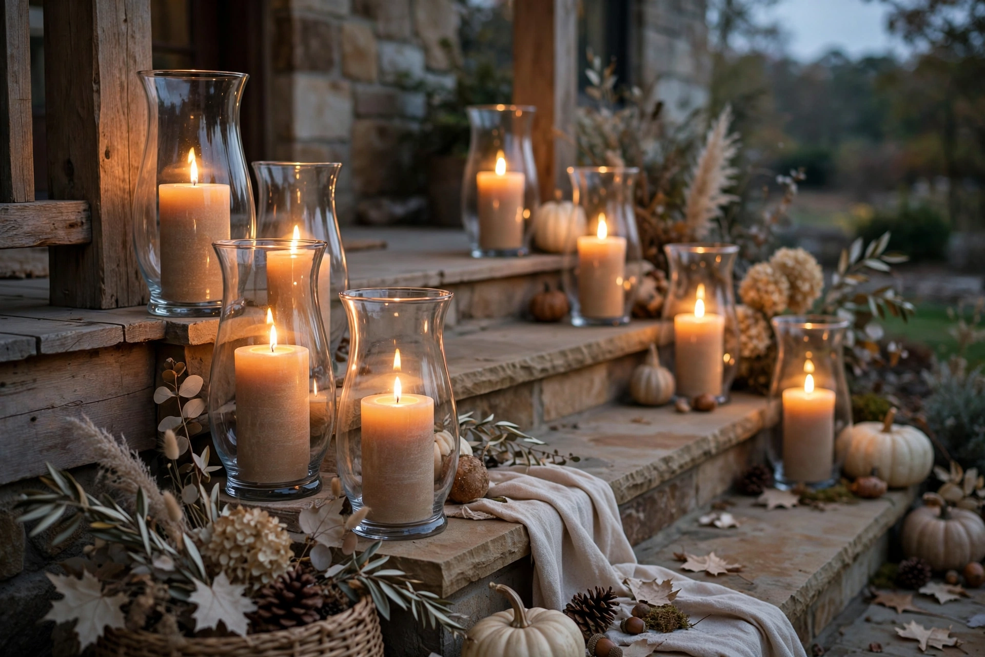 Sandstone pillar candles in hurricane glass lined along porch steps.