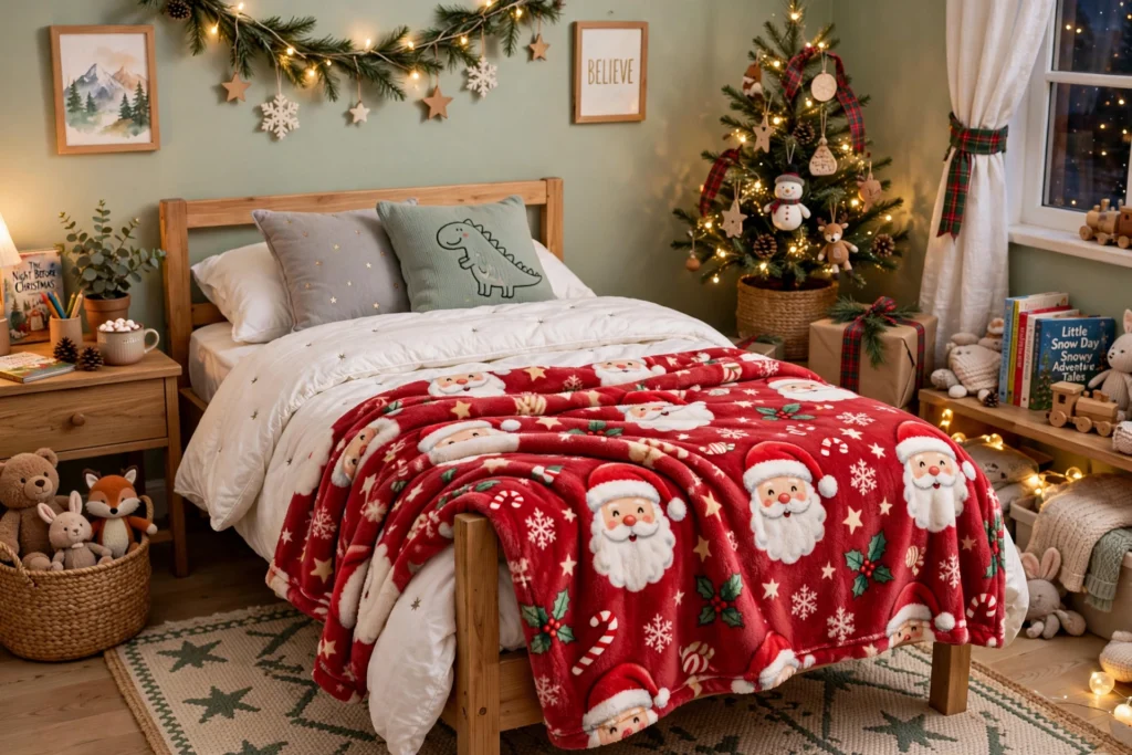 Santa throw blanket — Christmas bedroom idea for kids