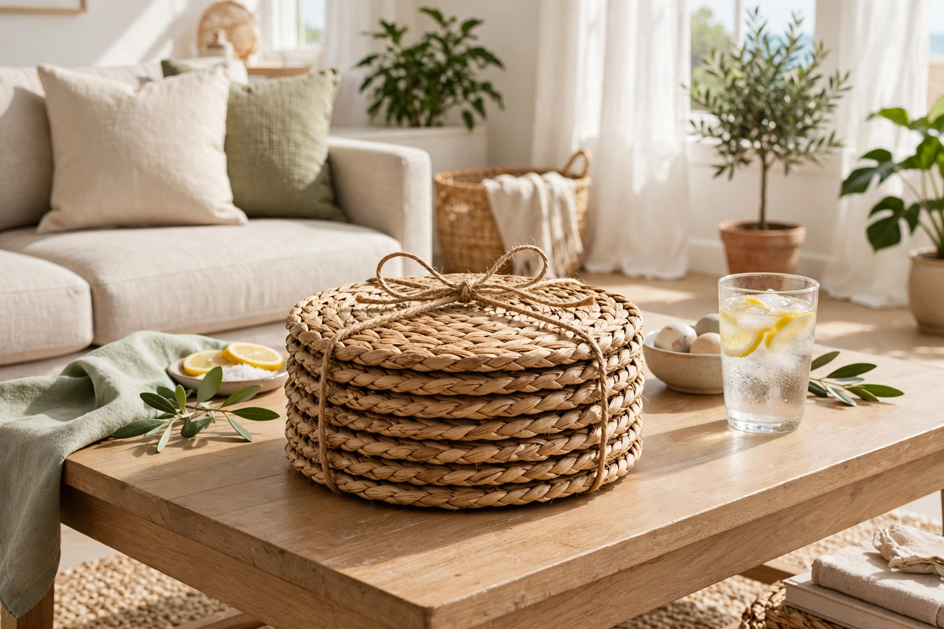 Neat stack of woven seagrass coasters tied with twine on a light wood coffee table in a bright living room.
