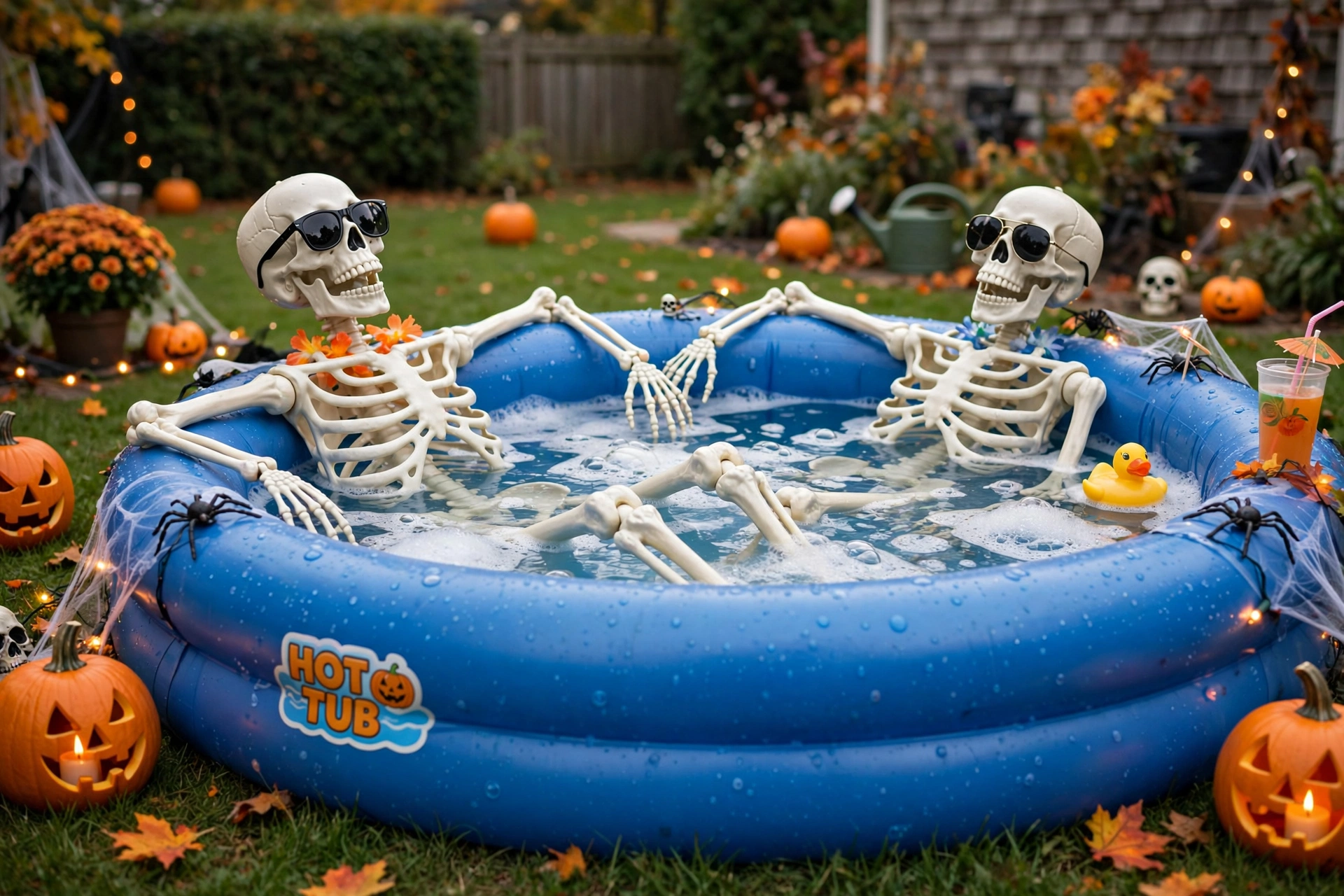 Two plastic skeletons with sunglasses lounging in a kiddie pool hot tub on a lawn.