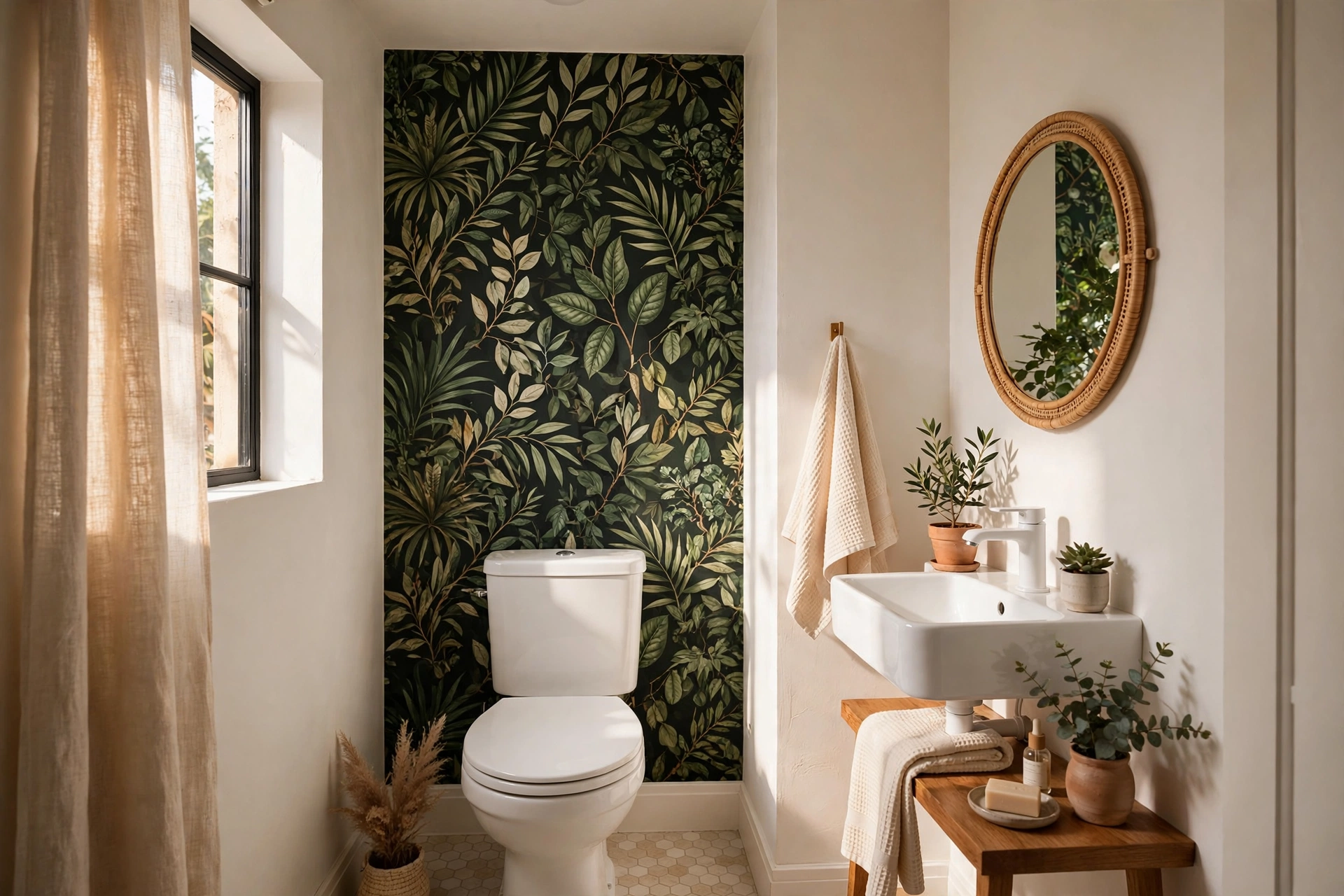Wallpapered accent wall in a small bathroom — small bathroom decor idea
