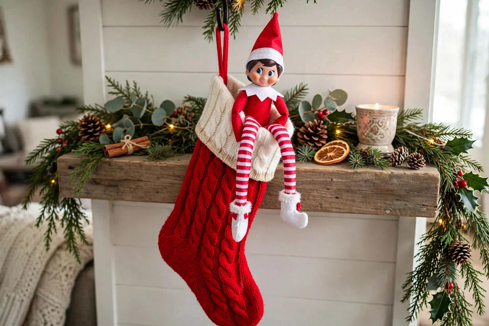Stocking stuffer elf arrival — elf on the shelf arrival idea