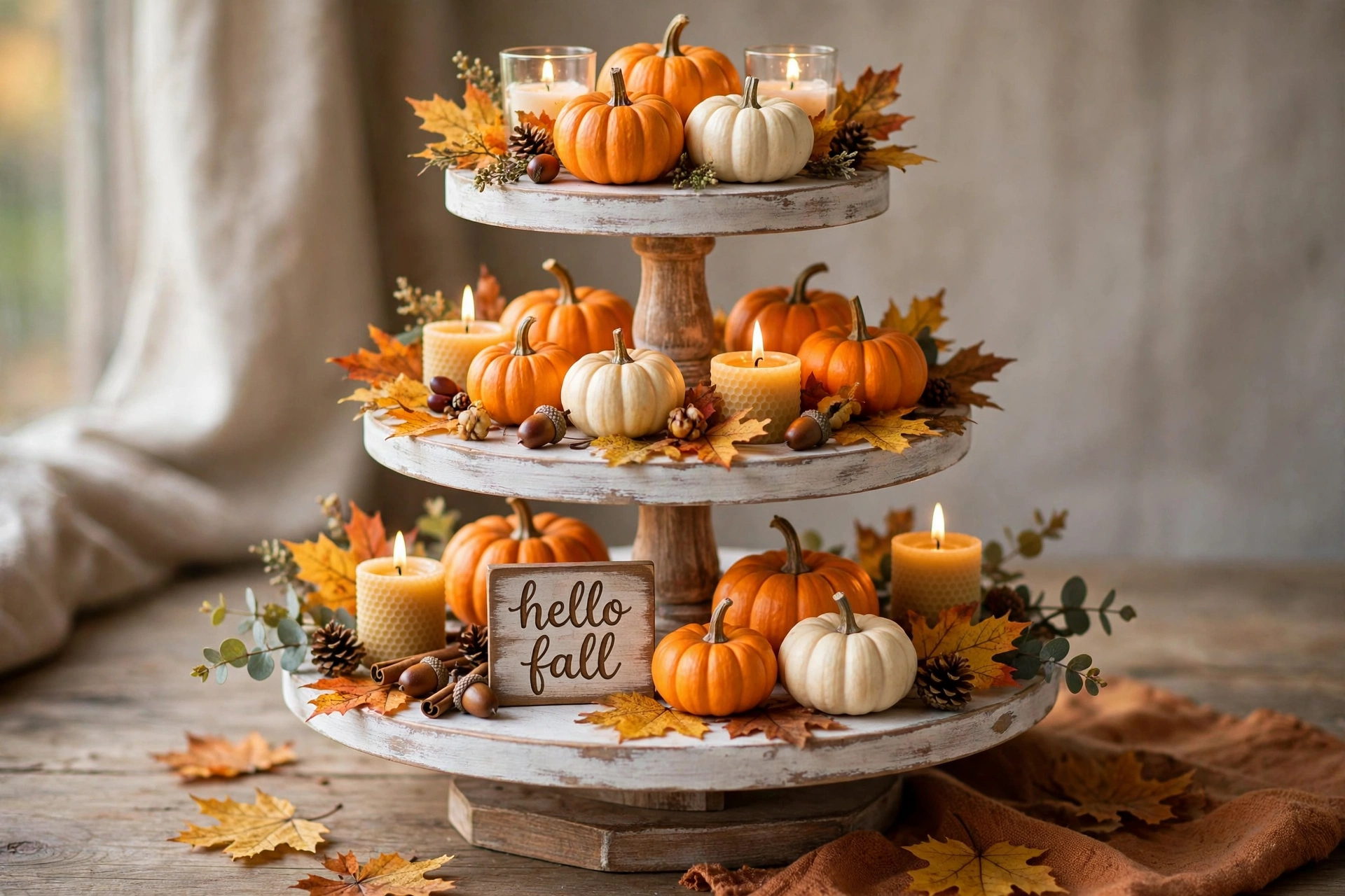Three-tiered stand with mini pumpkins, candles, fall leaves, and a small hello fall sign.