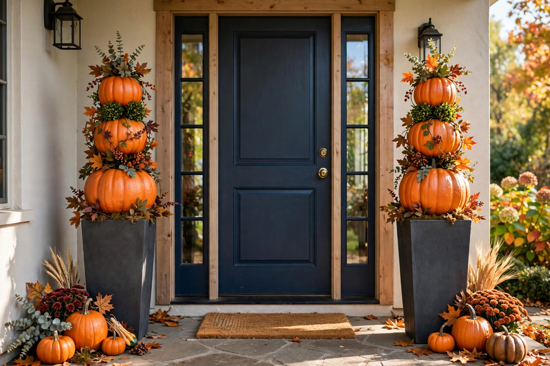 Two tall planters with stacked topiary pumpkins flanking a front door.