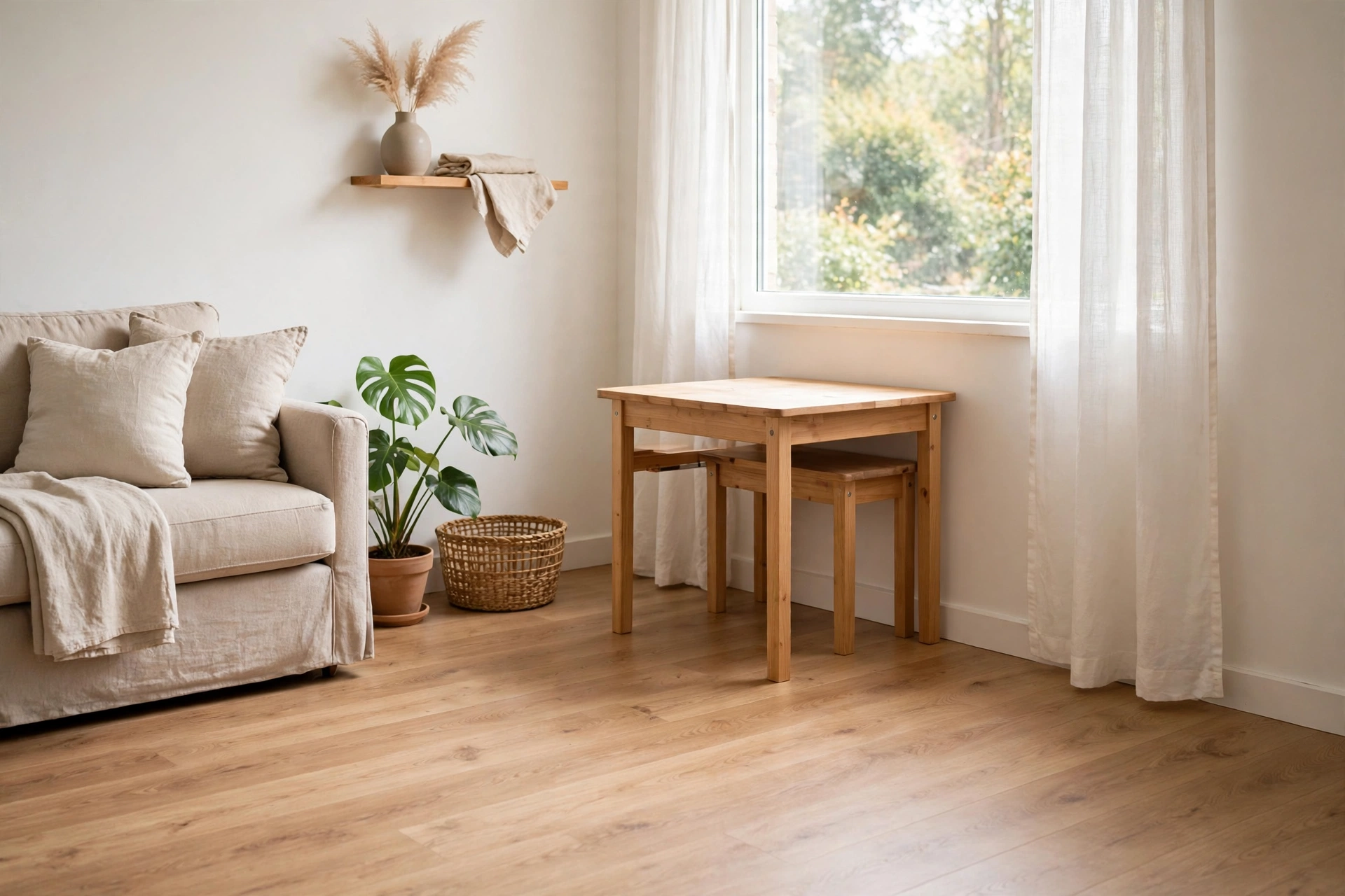 Backless dining bench tucked fully under a wooden dining table.