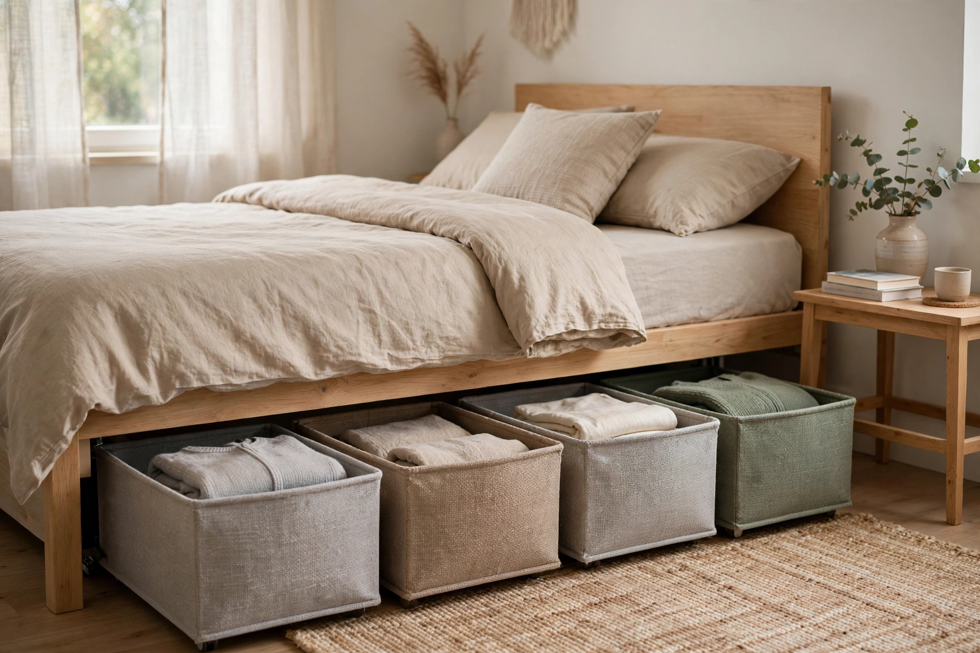 Neat labeled storage bins sliding out from under a bed in a small studio bedroom area