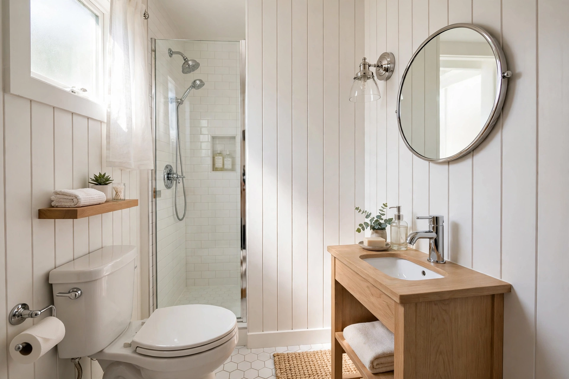 Vertical shiplap walls — small bathroom idea