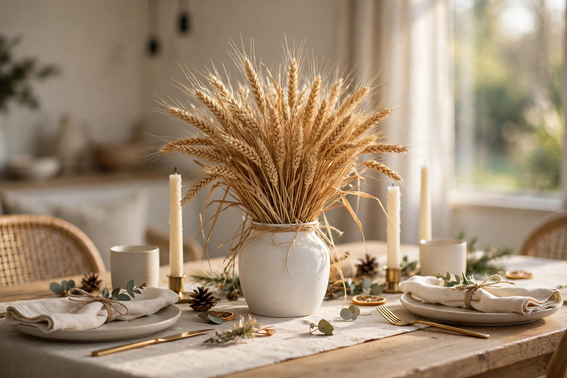 A wheat sheaf centerpiece in a white ceramic vase on a neutral holiday dining table.