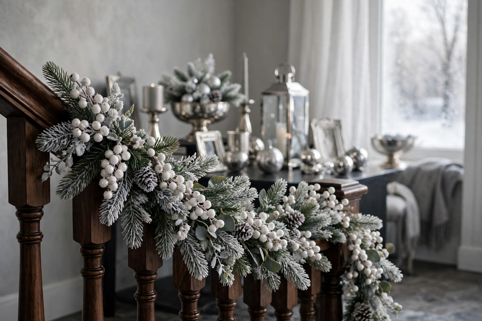 Elegant white berry garland with frosted pine sprigs on a dark wood staircase banister.
