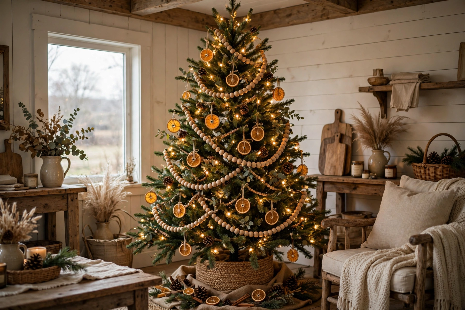Christmas tree decorated with natural wooden bead garlands and dried orange slices.