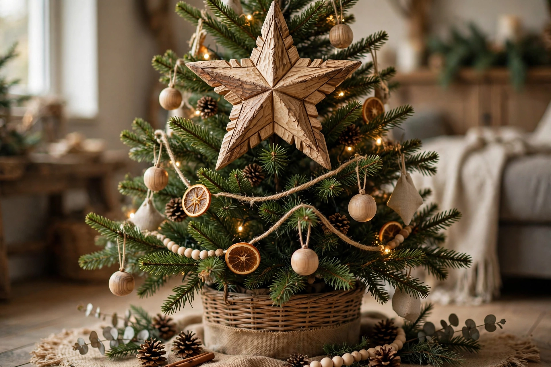 Hand-carved wooden star tree topper on a Christmas tree with simple ornaments.