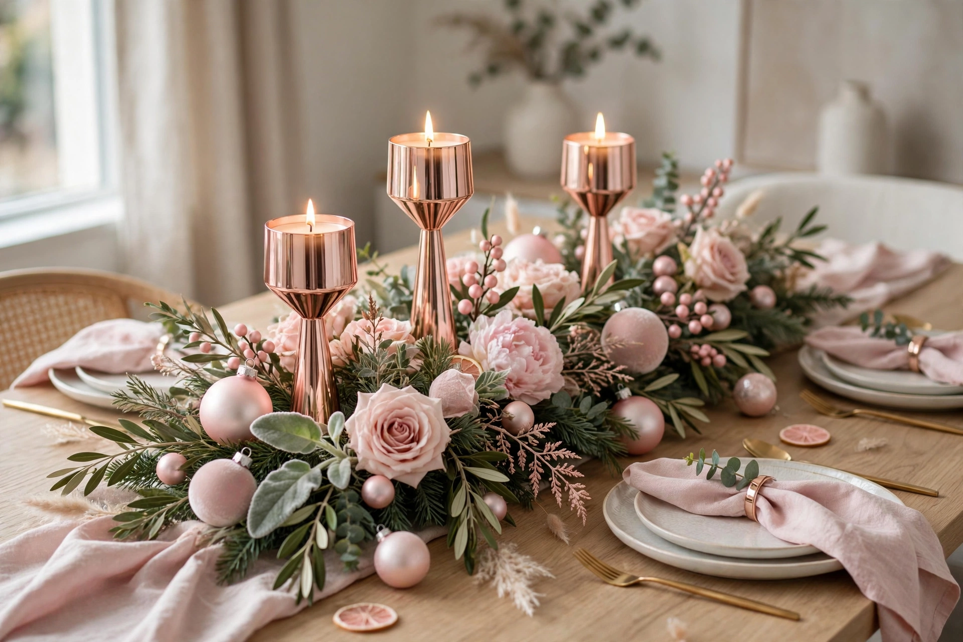 Blush pink Christmas centerpiece with rose gold candle holders and pale pink ornaments.